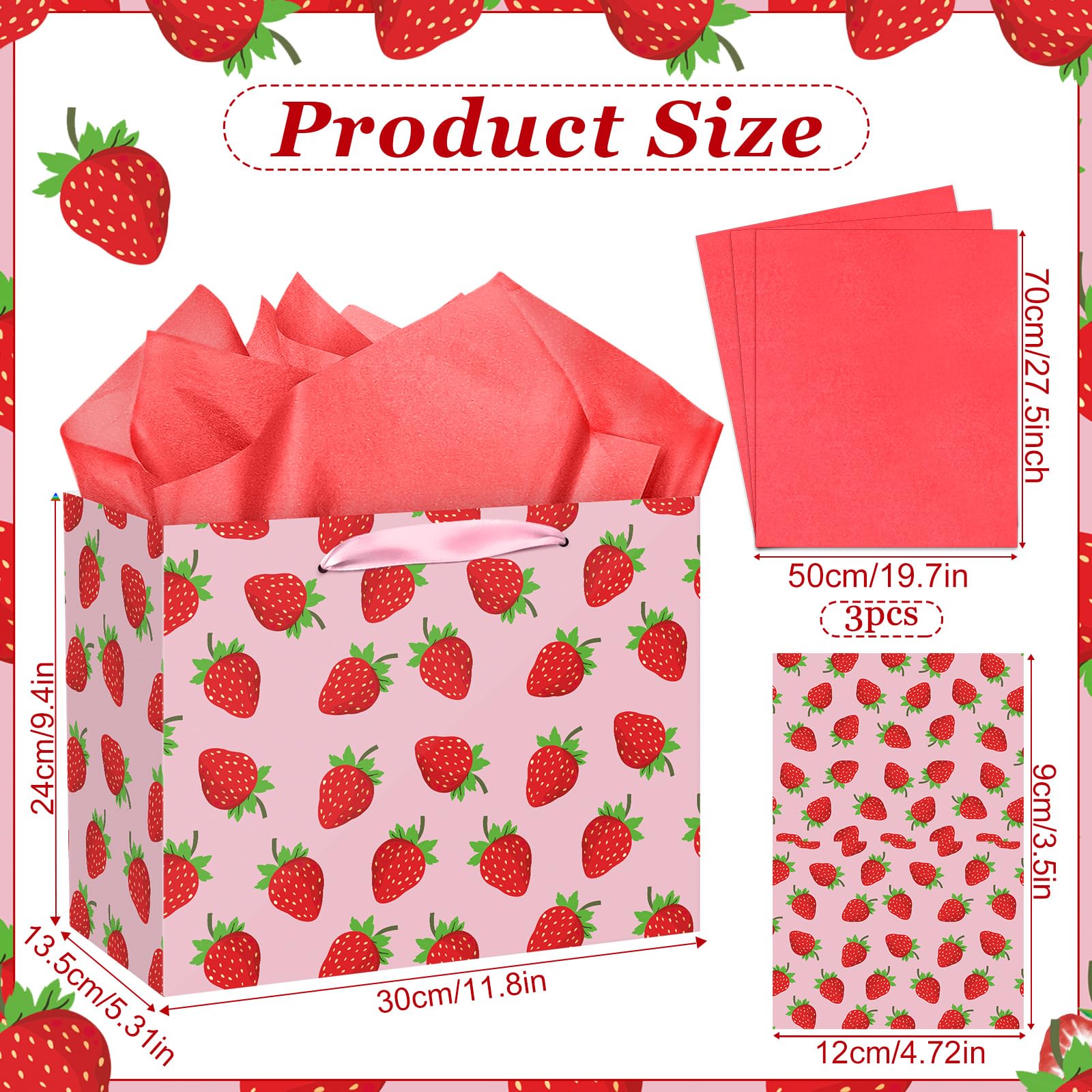 Strawberry Birthday Gift Bag Berry Birthday Decoration Sweet Berry Gift Bag with Wrapping Paper and Card Strawberry Party Wrapping Paper Bag with Handle for Girl Baby Shower Party Supplies