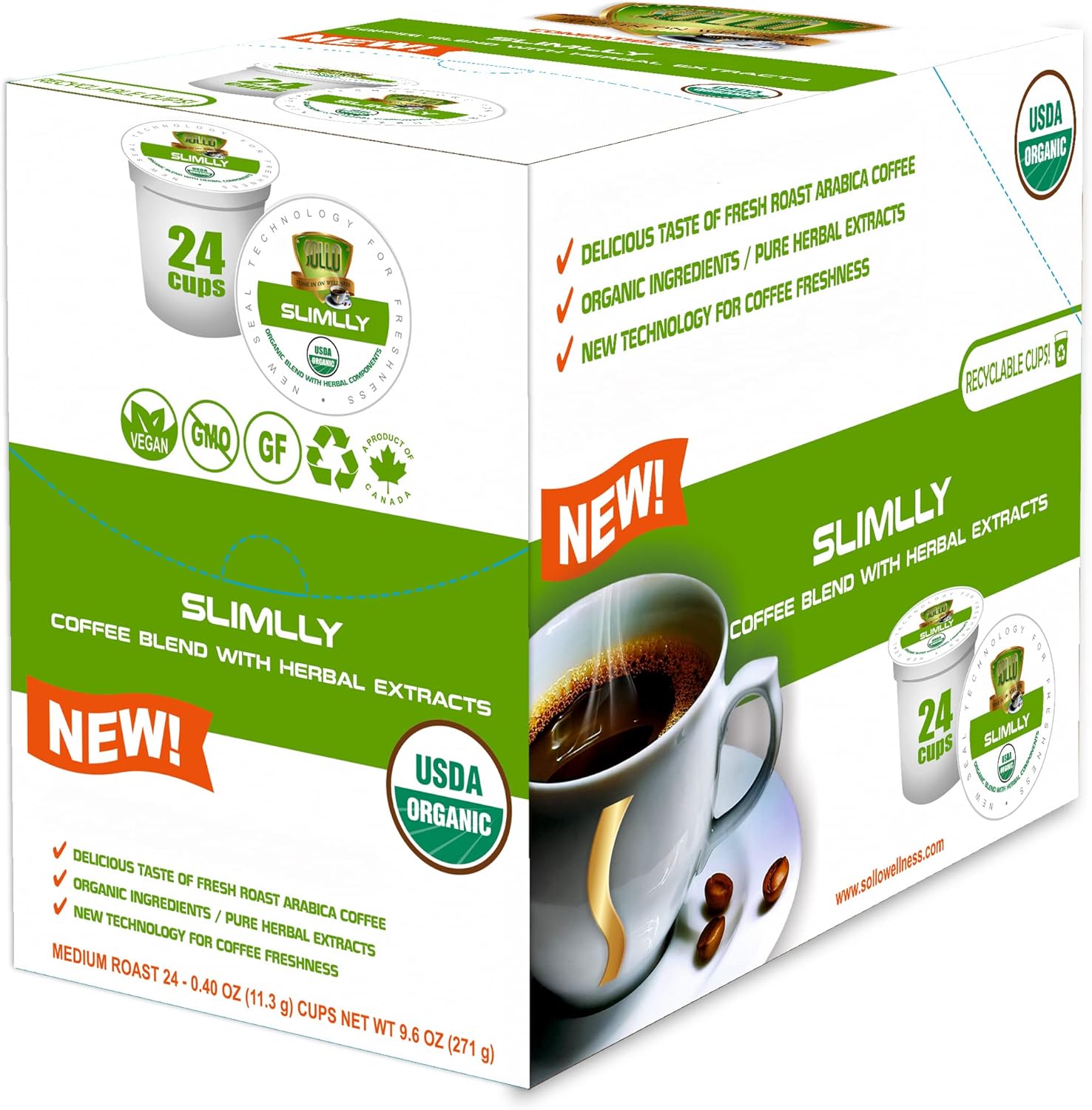 SOLLO Infused Organic Medium Roast Slimlly Low Acid Coffee, Single