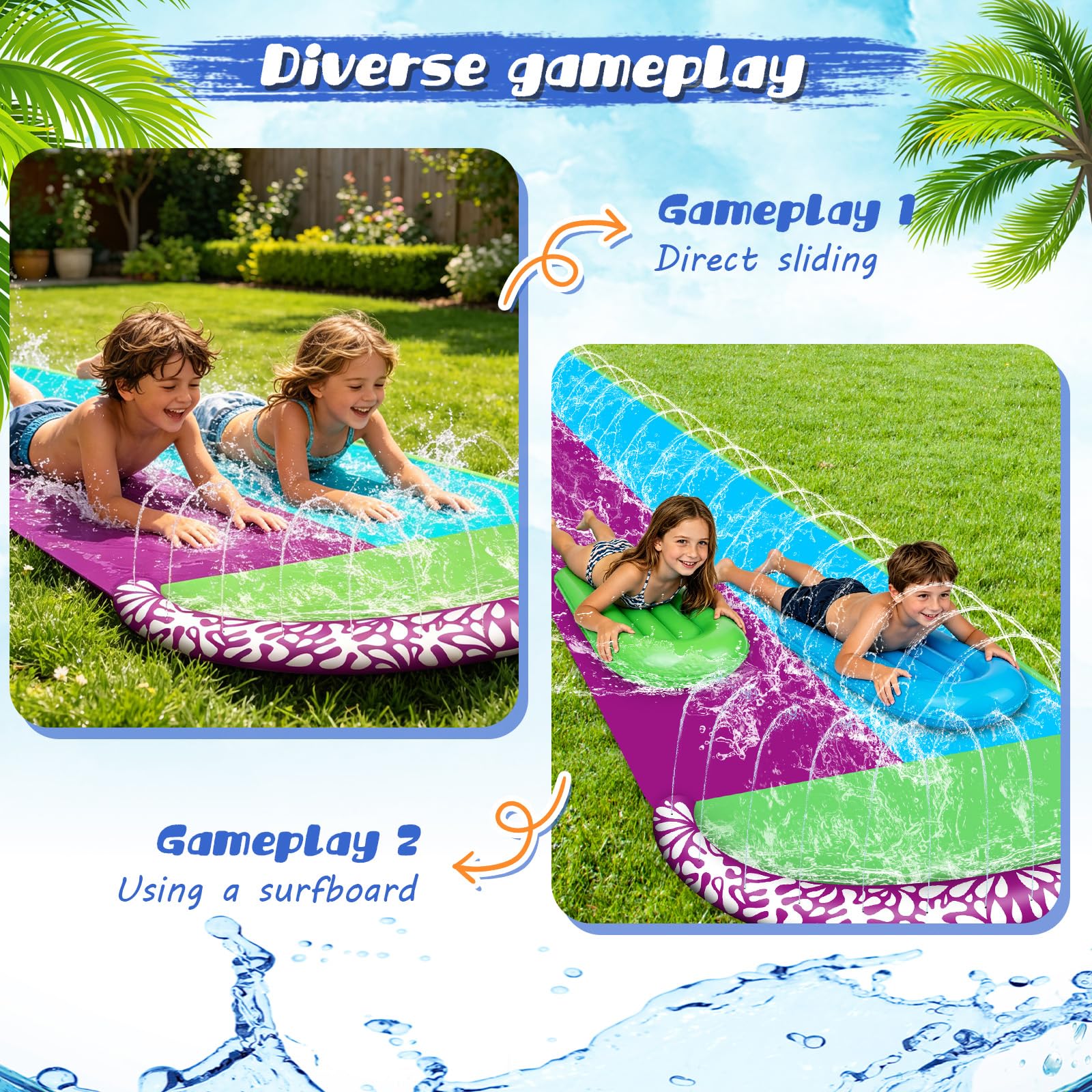 Wasserrutsche Garten 610x240cm mit 2 Bodyboards Doppelrutsche Eingebautem Sprinkler Sommer-Wasserspielzeug