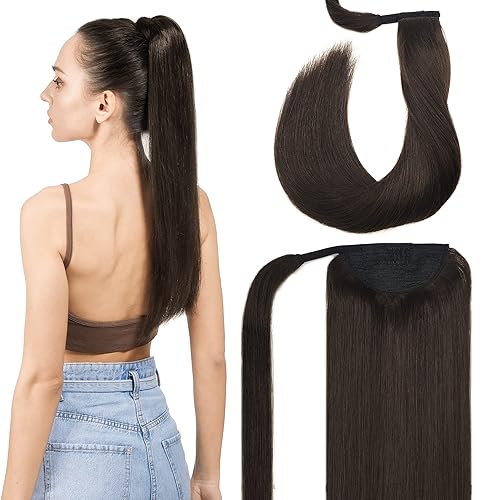 GOO GOO Extensión de cola de caballo, larga y recta, con clip, hecha a mano, cabello humano real para mujeres, extensiones de cabello de cola de