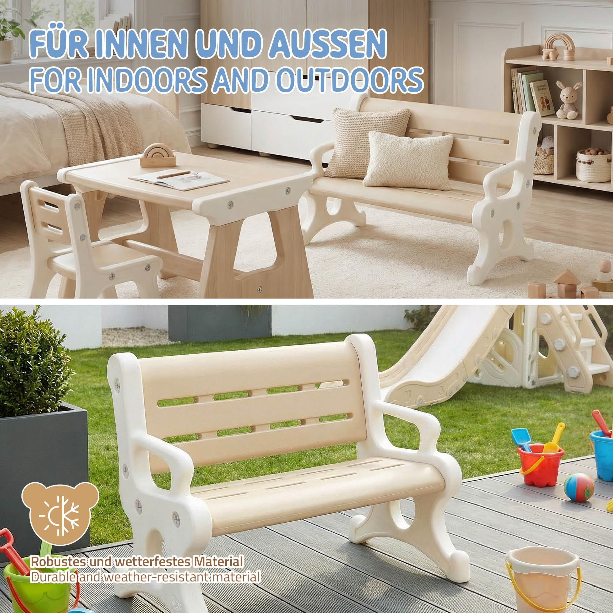 Joyz Banc Enfant Extérieur en Plastique, 2 Places, Dès 3 Ans, Marron et Blanc, avec Accoudoirs, Protection Anti-Basculement & Système d'Emboîtement, Résistant aux Intempéries, 81,5 x 59,5 x 48 cm
