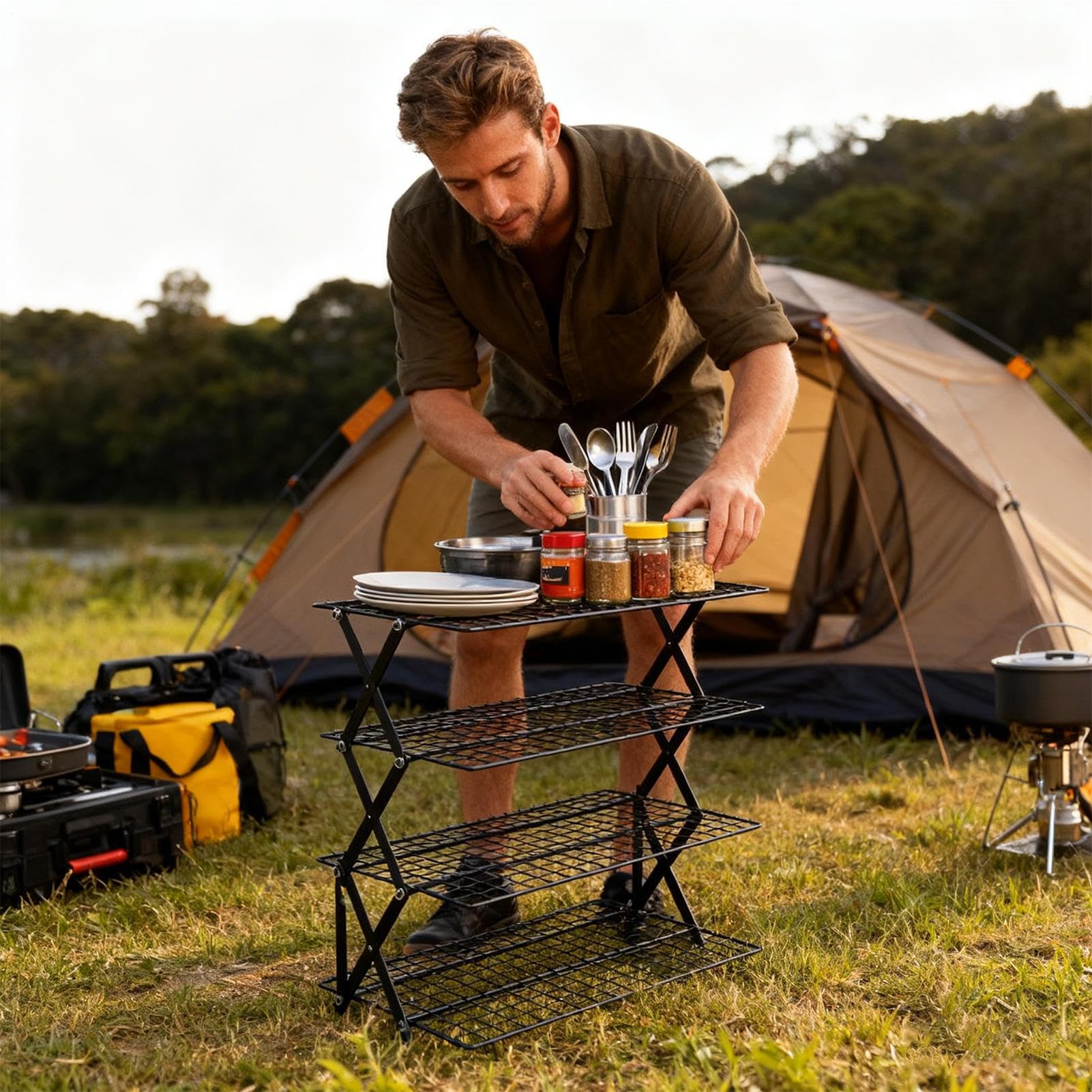 Stojak do pieczenia – 4-poziomowy składany organizer, stojak do grillowania, oszczędność miejsca, z metalową ramą, akcesoria kuchenne do chleba, ciasta, pizzy, deserów i gotowania warzyw