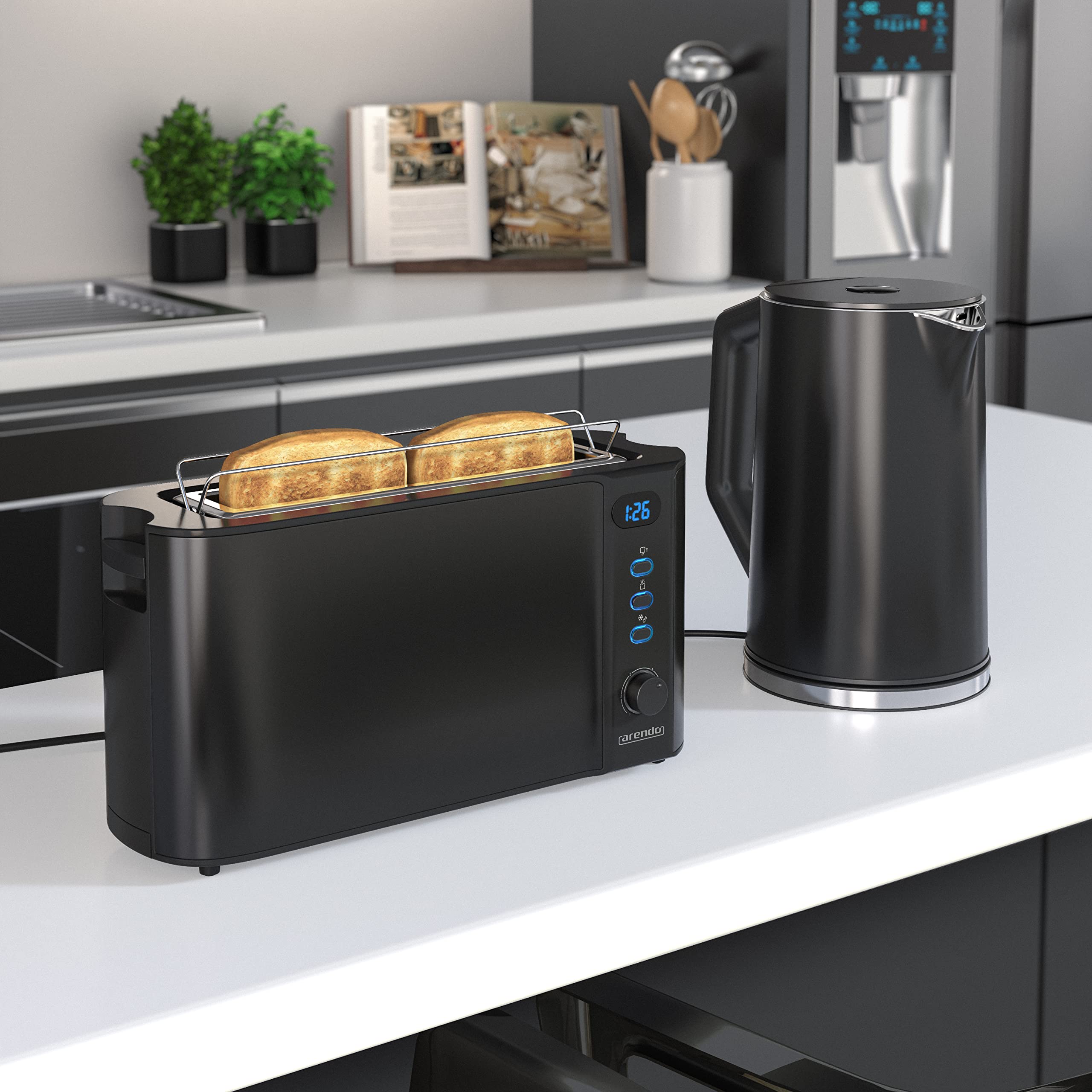 Arendo Wasserkocher Toaster SET Edelstahl Schwarz 1,5L 40-100°C Warmhaltefunktion 2 Scheiben LED-Display 6 Bräunungsgrade Brötchaufsatz