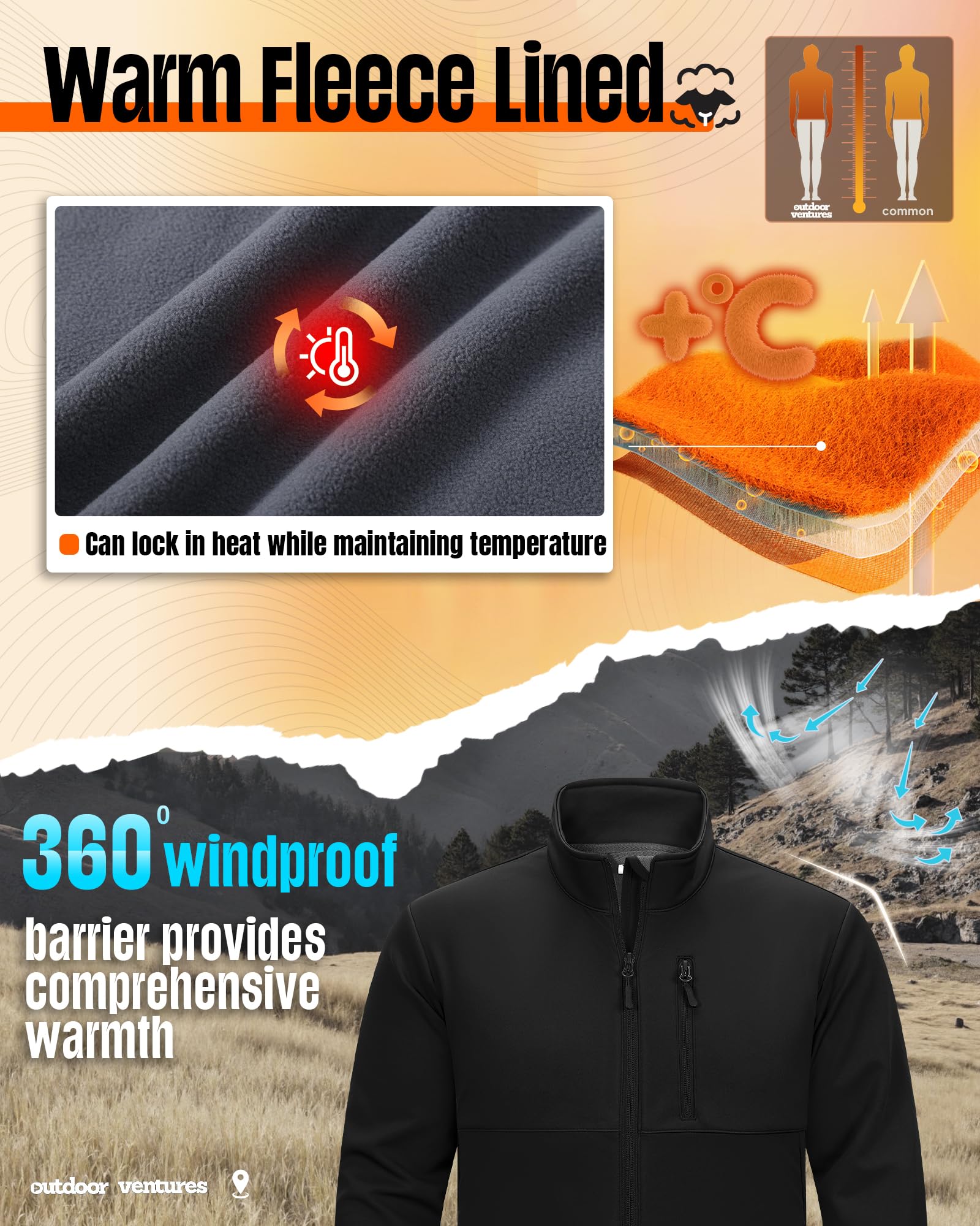 Outdoor Ventures Softshelljacken für Herren Wasserdicht Atmungsaktive Wanderjacke Windbreaker Leichte Sportjacke für Laufen Fahrrad Camping
