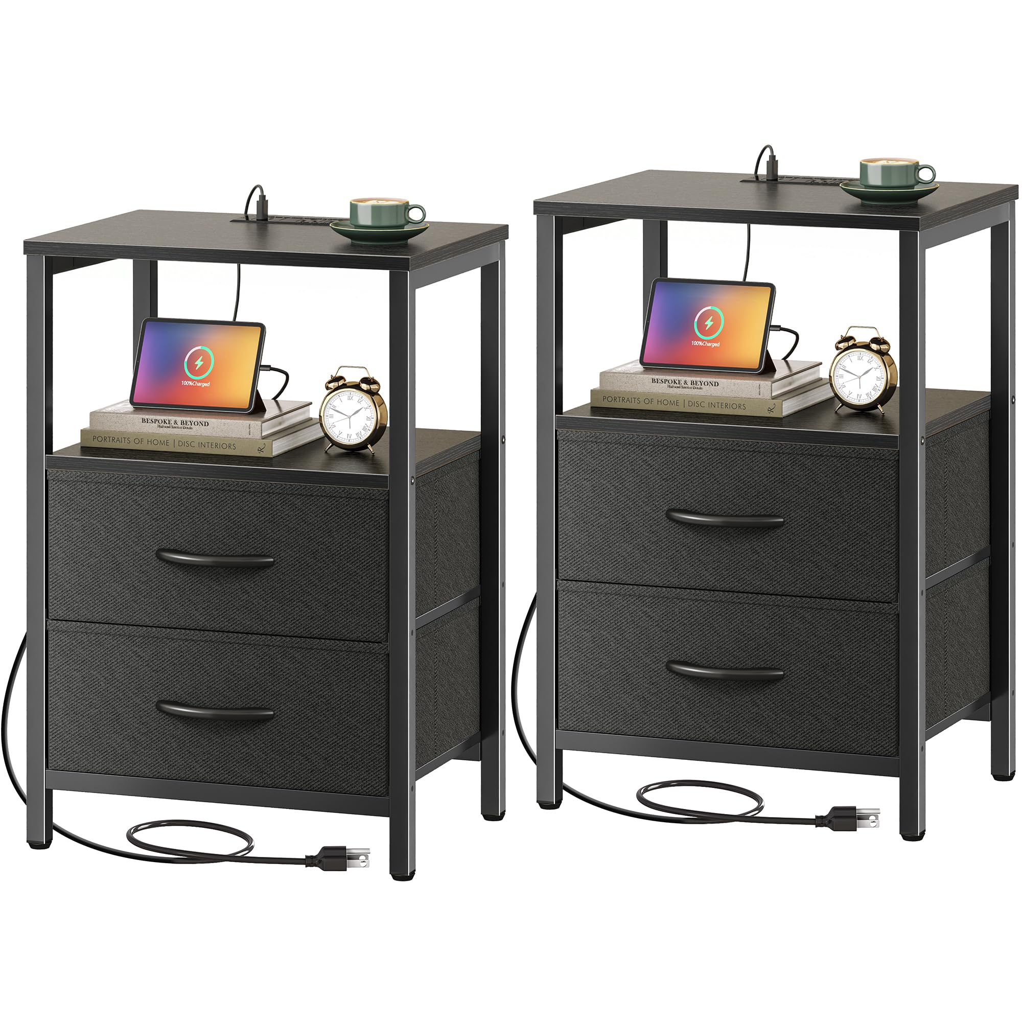 Huuger Nightstands Set of 2, End Tables with Charging Station, Side Tables with Fabric Drawers, Bedside Tables with USB Ports and Outlets, Night Stands for Bedroom, Black