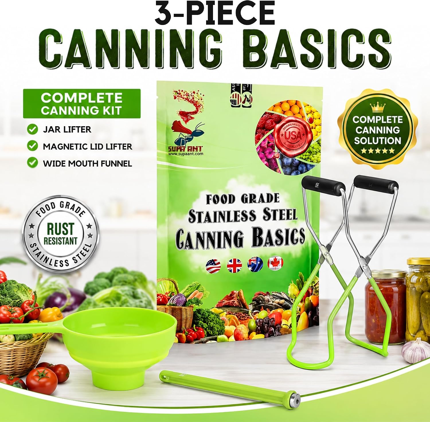 Supa Ant Canning Supplies Starter Kit (Food Grade) - Canning Kits Set for Beginners - 3 Pcs. Including Wide Mouth Jar Funnel, Magnetic Lid Lifter, Stainless Steel Jar Lifter (Assembled in USA) Green