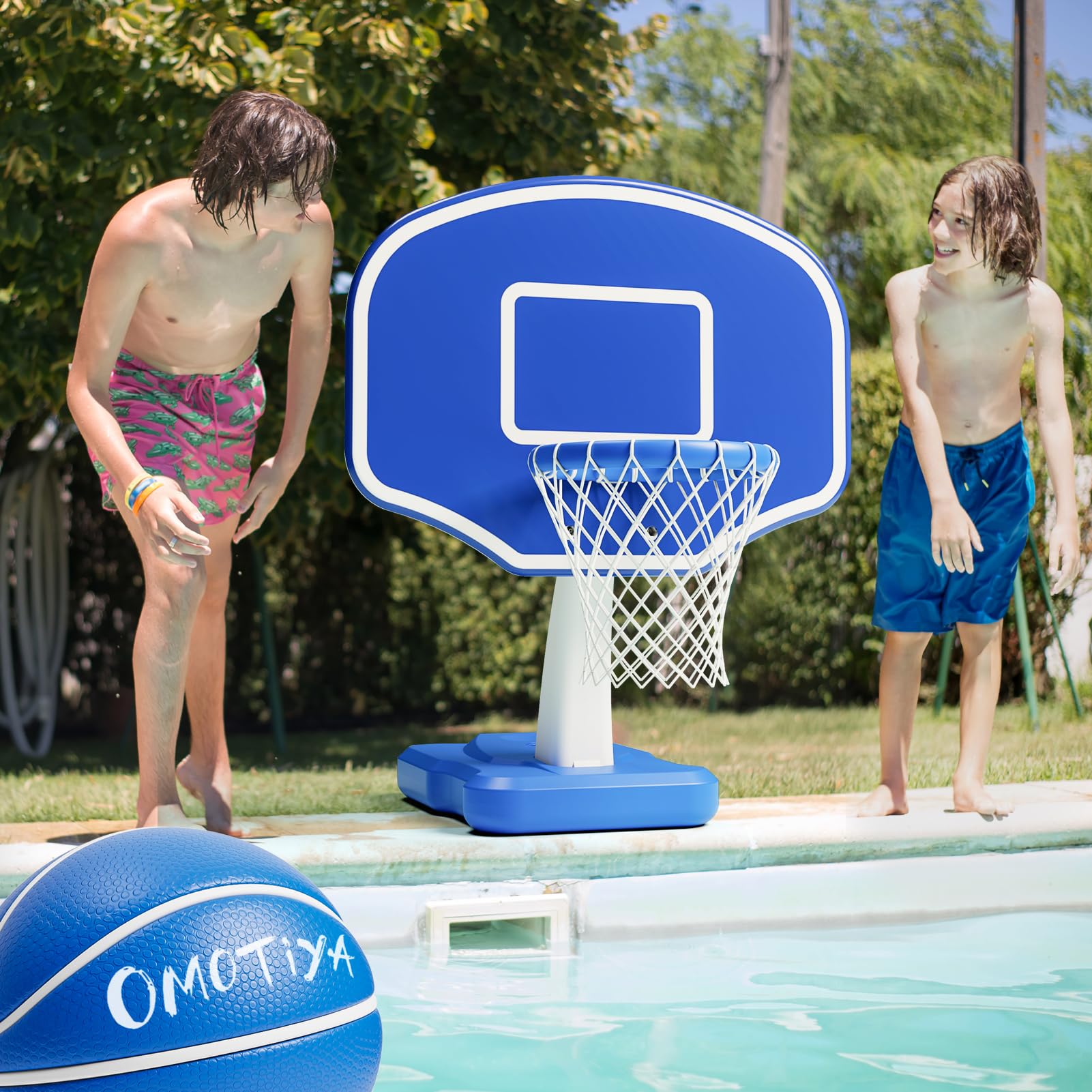 OMOTIYA 1 PC Swimming Pool Basketball Hoop with 2 Balls and Pump, Poolside Basketball Hoops with Base, Blue Water Toy Games for Inground Pools, Pool Toys for Boys and Girls, Kids, Adults