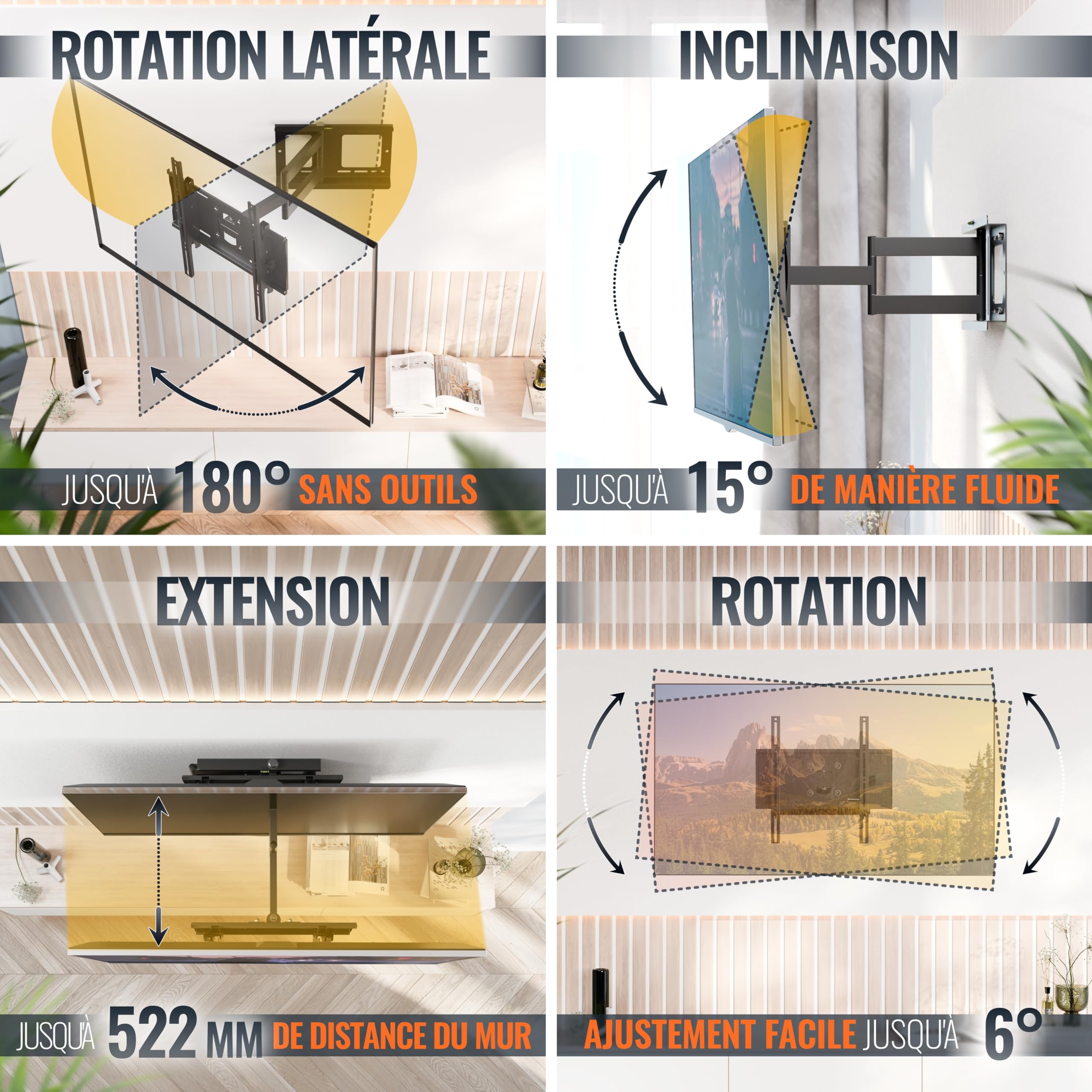 RICOO R23-F Support Mural TV 40 42 43 48 50 55 58 60 65 70 75 Pouces VESA 200x200 à VESA 400x400 Orientable Inclinable Rotatif Universel Fixation Murale TV