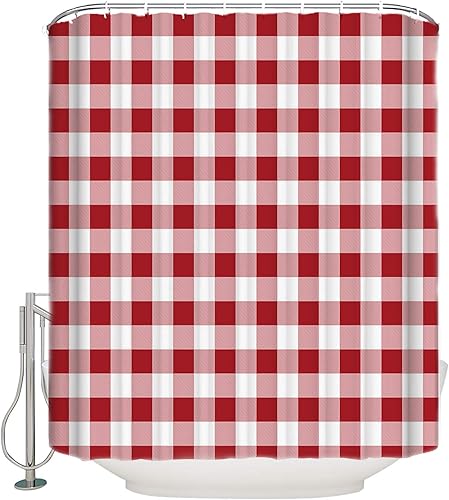 Miniatura 2 de Juego de cortinas de ducha a cuadros rojos, cortina de ducha lavable de 72 x 84 pulgadas con 12 ganchos, cortinas de ducha de tela impermeable a
