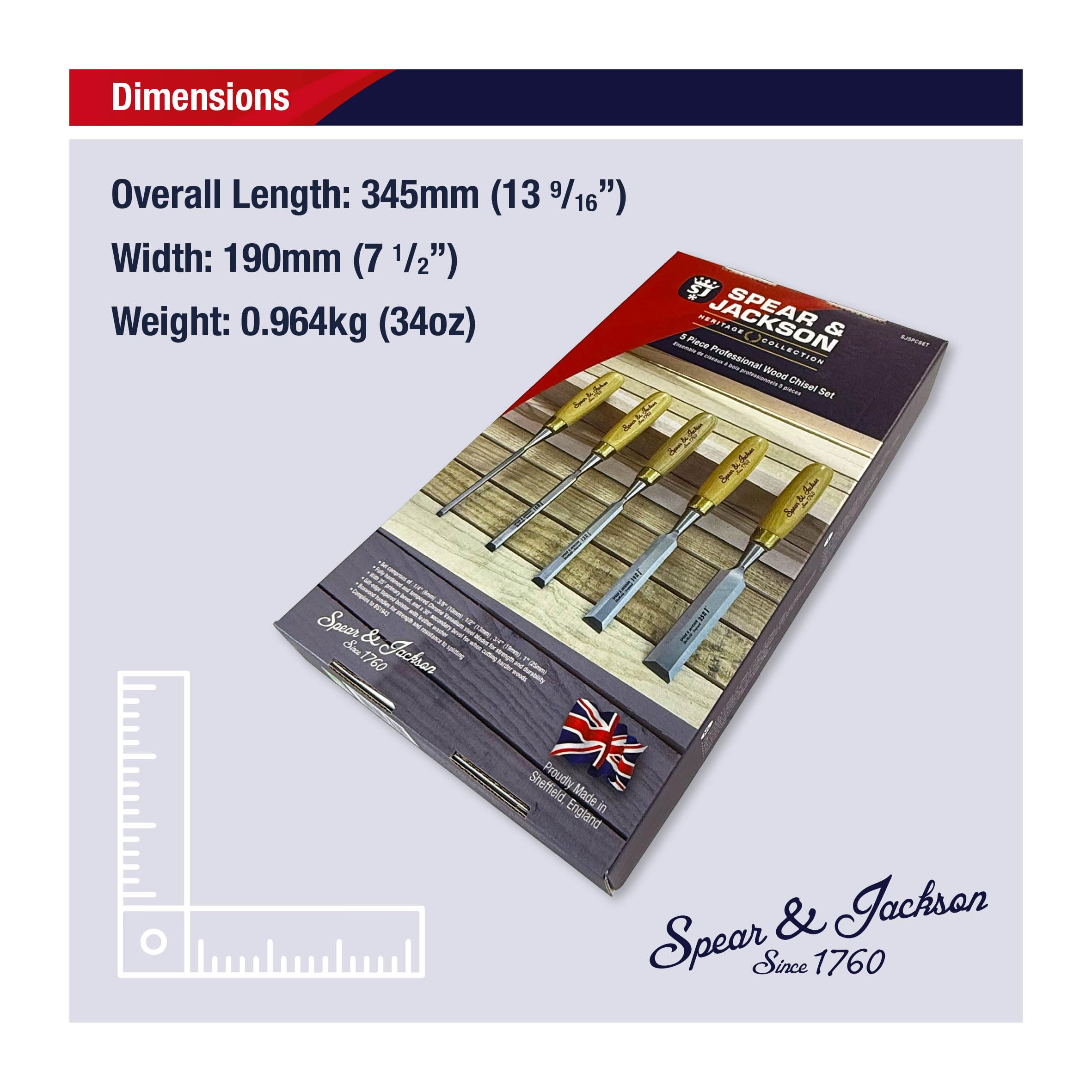 Spear & Jackson SJ5PCSET Zestaw 5 Dłut do Drewna – Ręcznie wykonane w Sheffield, Anglia – do precyzyjnego cięcia, rzeźbienia i kształtowania