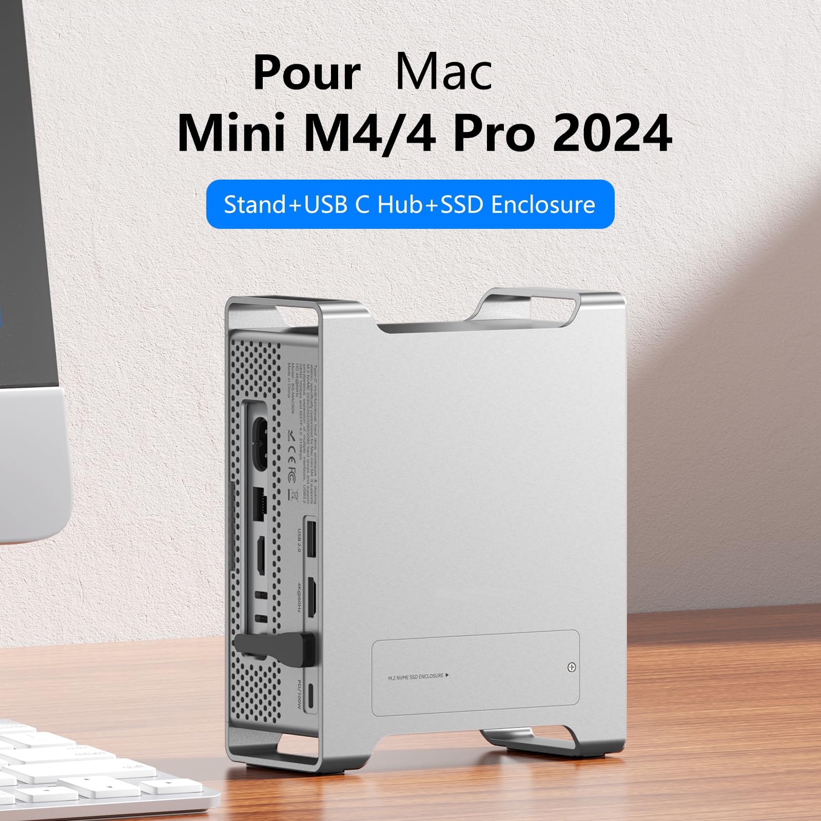 Dock & Stand USB C pour Mac Mini M4/M4 Pro 2024, Station d'accueil avec Boîtier SSD M.2 NVMe (Jusqu'à 8 to), HDMI 4K@60Hz, Données 10 Gbps USB-C/A, Lecteur de Cartes SD/TF, Support Aluminium