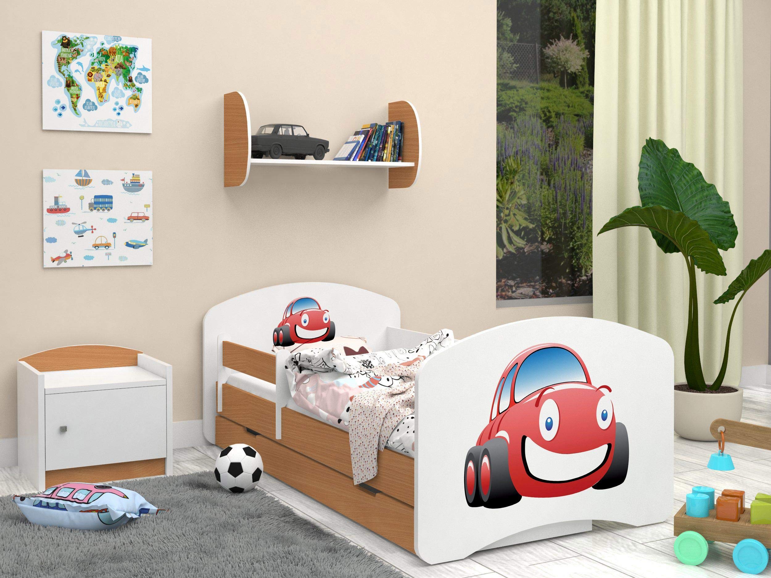 Happy Babies - CAMA PARA NIÑOS DE DOBLE CARA CON CAJÓN Diseño moderno con bordes seguros y protección contra caídas colchón de espuma de 7 cm de haya (Auto, 160/80)