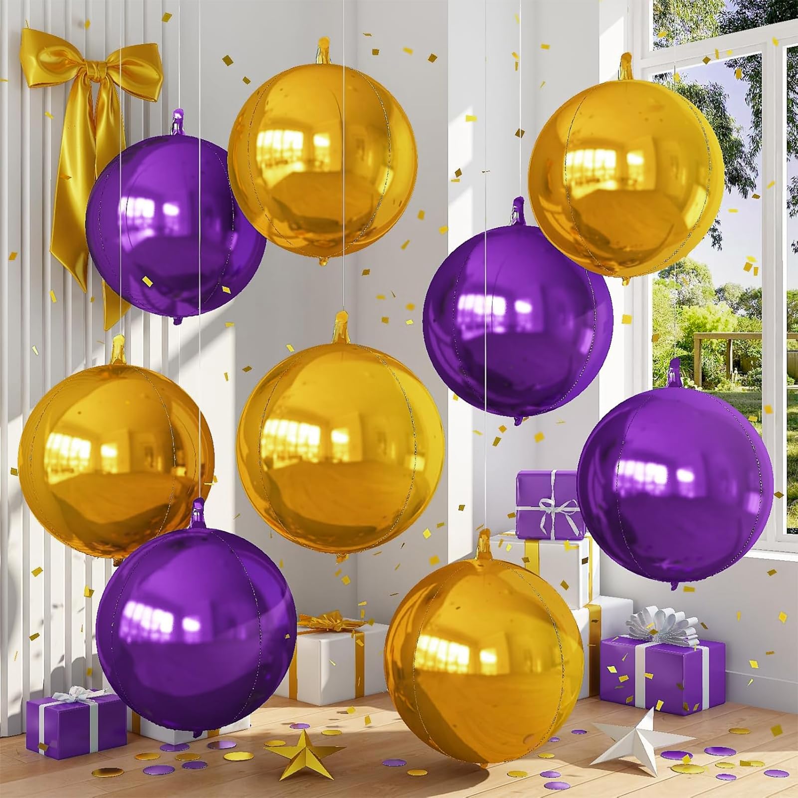 Froova 9 Pcs Purple Gold Round Foil Balloons Dark Purple Metallic Gold Chrome 4D Ball Balloons 22 In Orbz Mylar Balloon for Graduation Grad Birthday Wedding Anniversary Disco Party Decorations