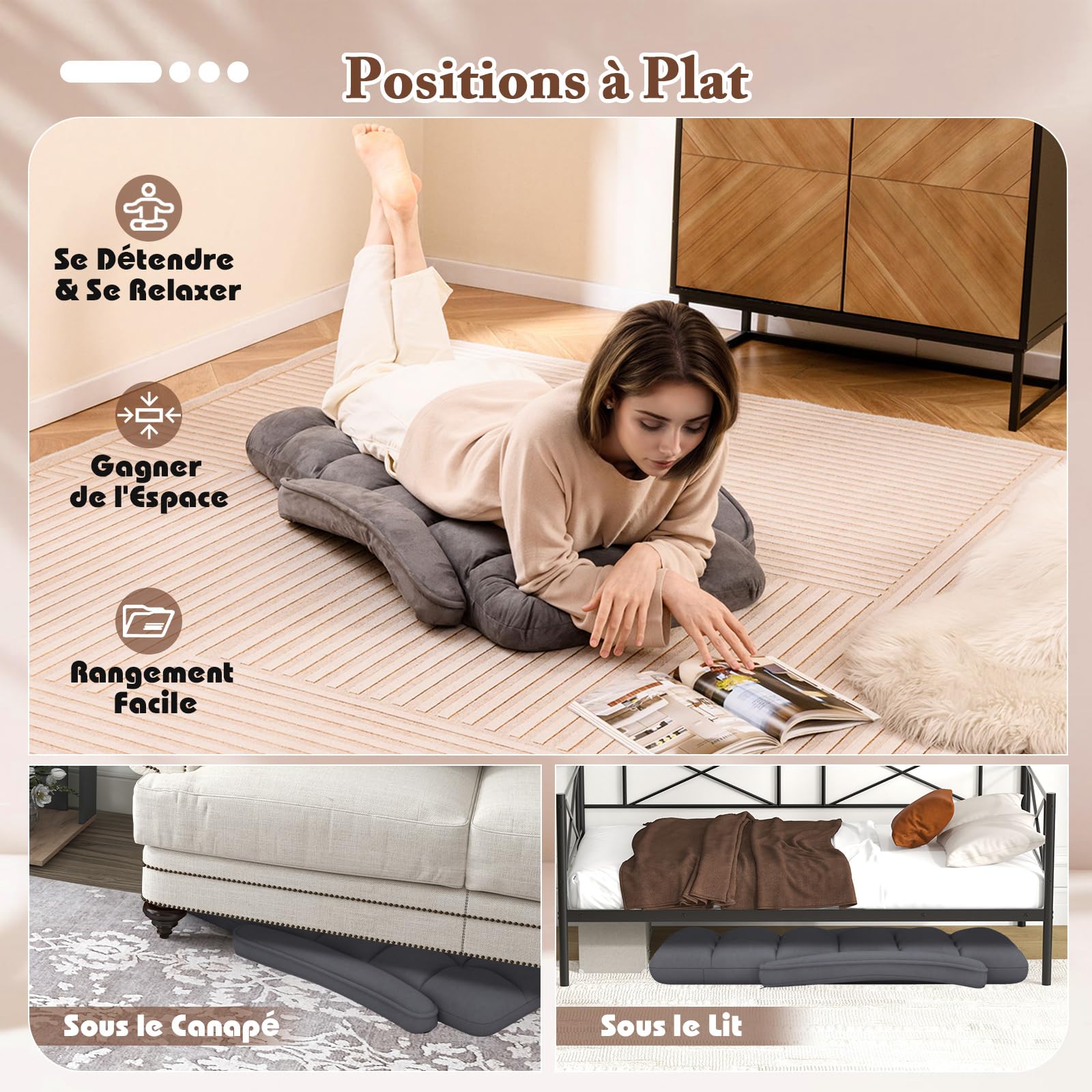COSTWAY Canapé Paresseux Tatami Pliable, Fauteuil de Sol Réglable, Chaise de Plancher Inclinable, Siège de Sol pour Maison, Bureau, 108 x 64 x 13 cm (Gris)