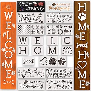 Welcome Stencils for Painting on Wood Reusable Seasonal Kit, 26 PC Set Stencil Stuff, Large Home Stencil, Halloween, Christmas, Large Letter Stencils for Crafts, American Flag Stars, Autumn Stencils