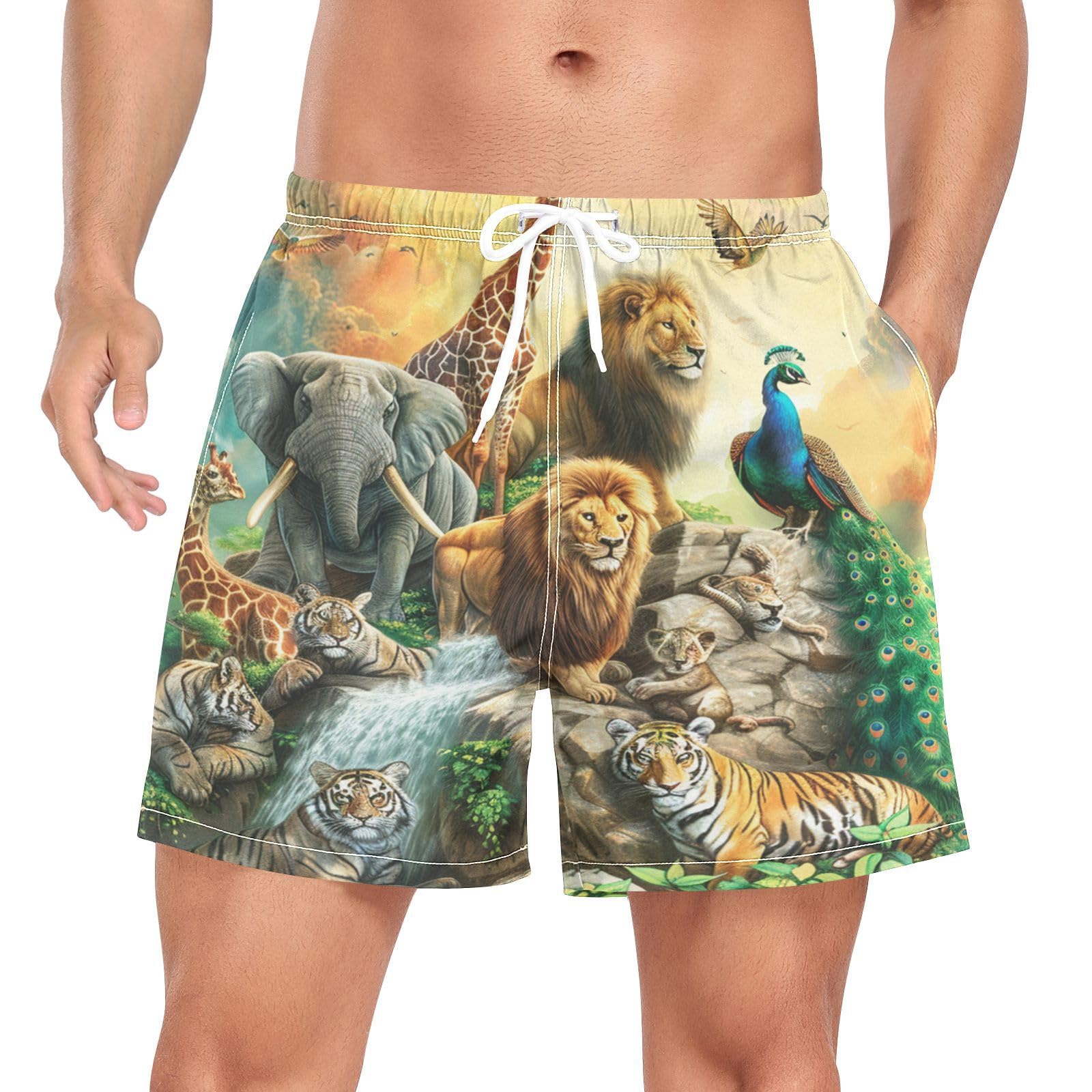 African Animals Tiger Peacock Lion Men's Swim Trunks Boardshorts Bathing Shorts with Compression Liner