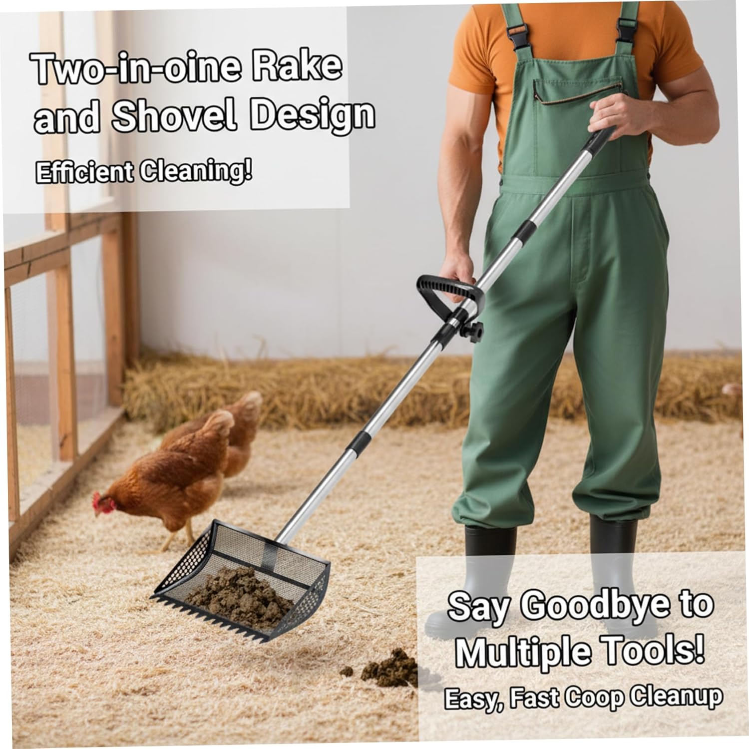 Chicken Poop Scooper with Sifter - 2-in-1 Rake & Shovel Design, Adjustable Long Handle for Easy Chicken Coop Cleanup, Multi-Purpose Litter Scoop for Cat Box, Yard, Sand, Pet Decors
