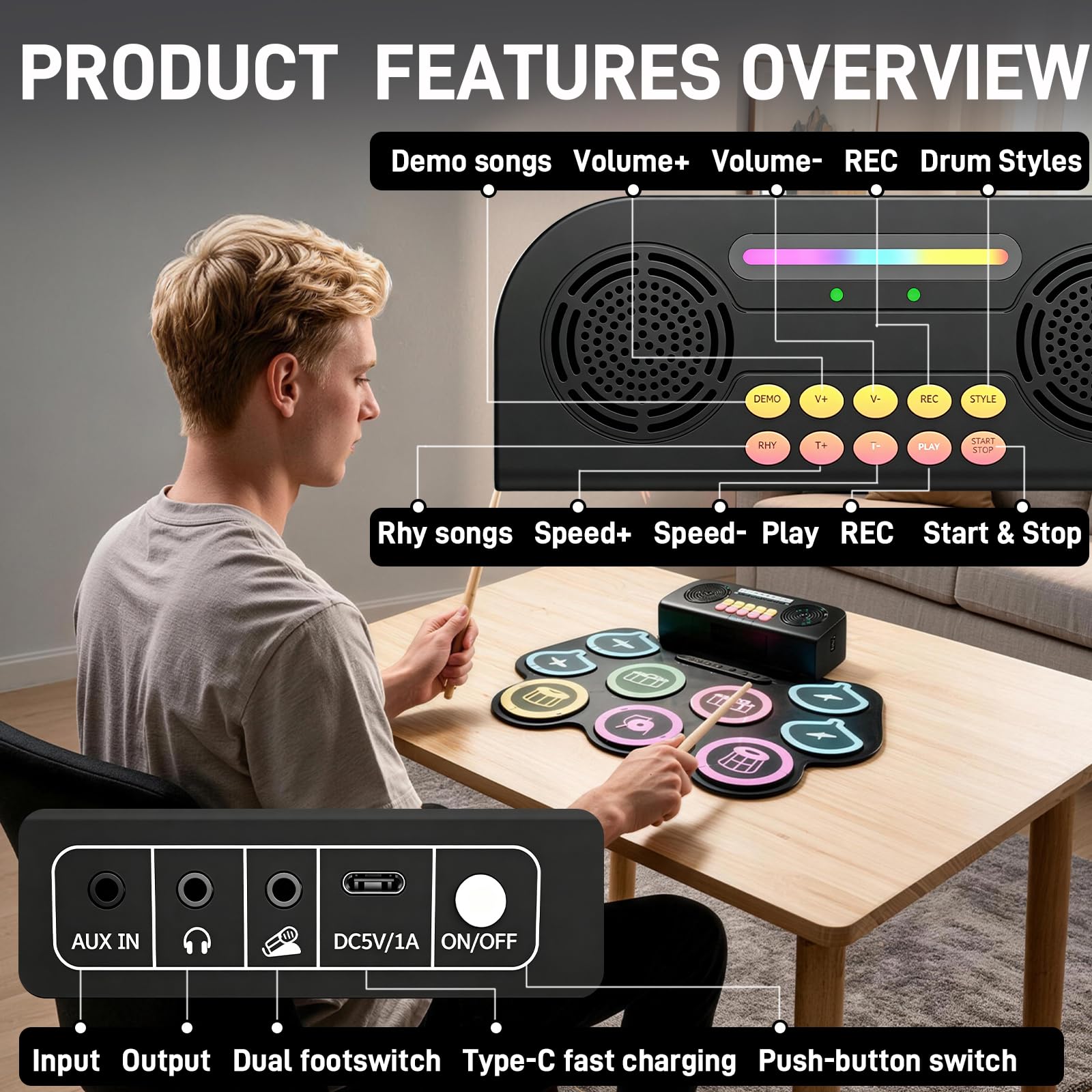 Set di batteria elettronica a 9 pad, con due pedali e bacchette, kit E-Drum portatile arrotolabile in silicone, adatto a bambini e principianti, regalo ideale strumento musicale