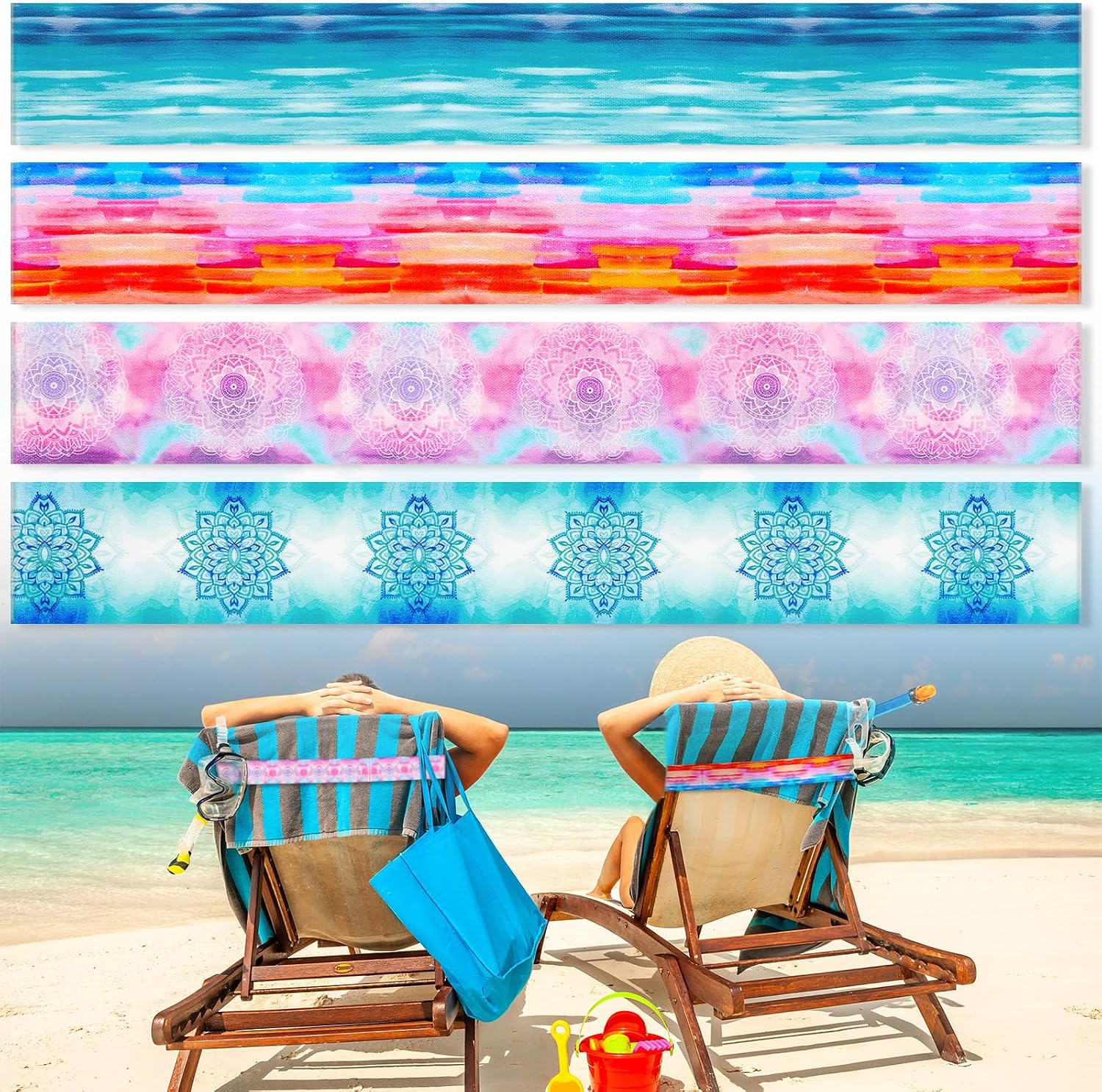 Boao 4 Pack Beach Towel Bands for Chair, Elastic Strap,Gradient Style