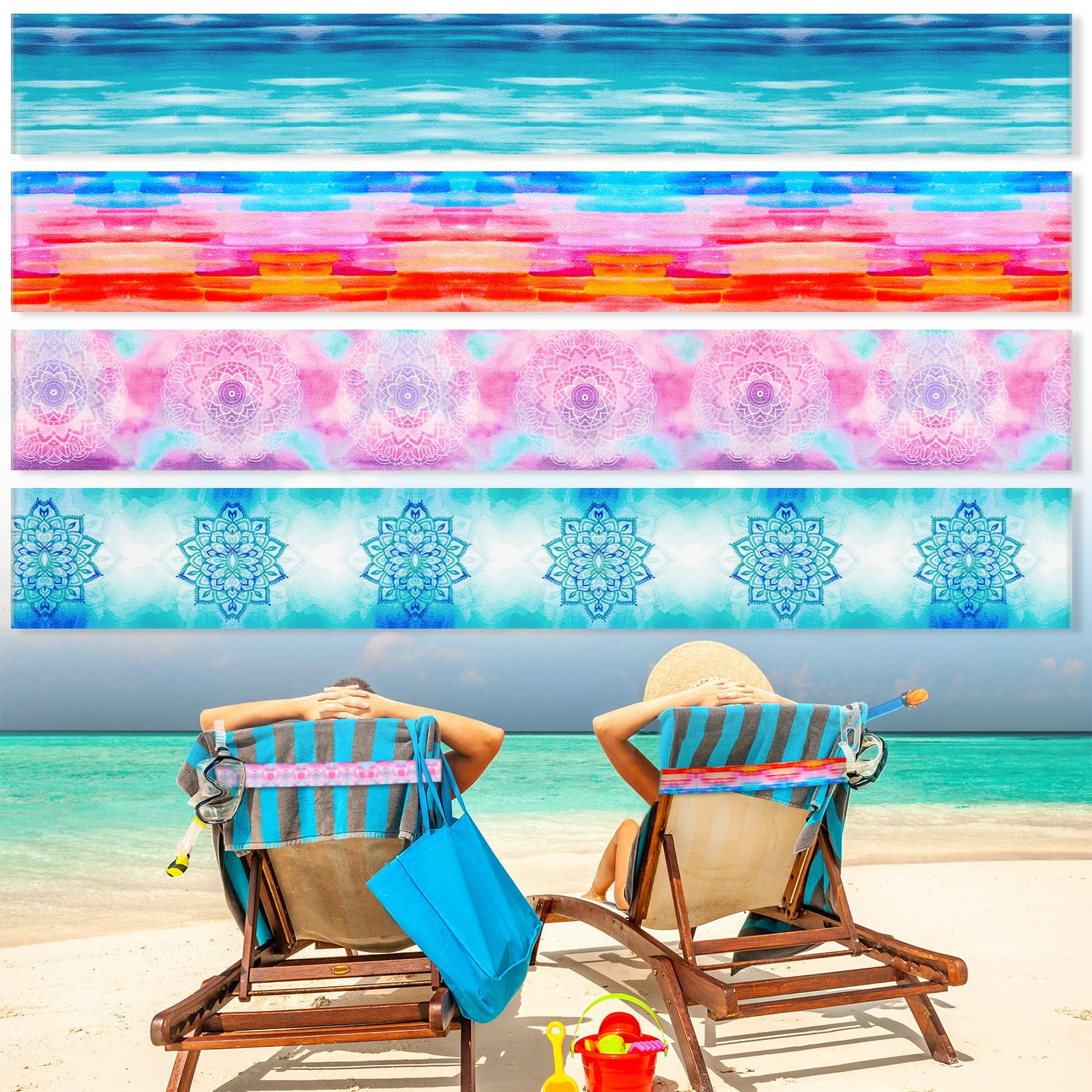 Boao 4 Pack Beach Towel Bands for Chair, Elastic Strap,Gradient Style