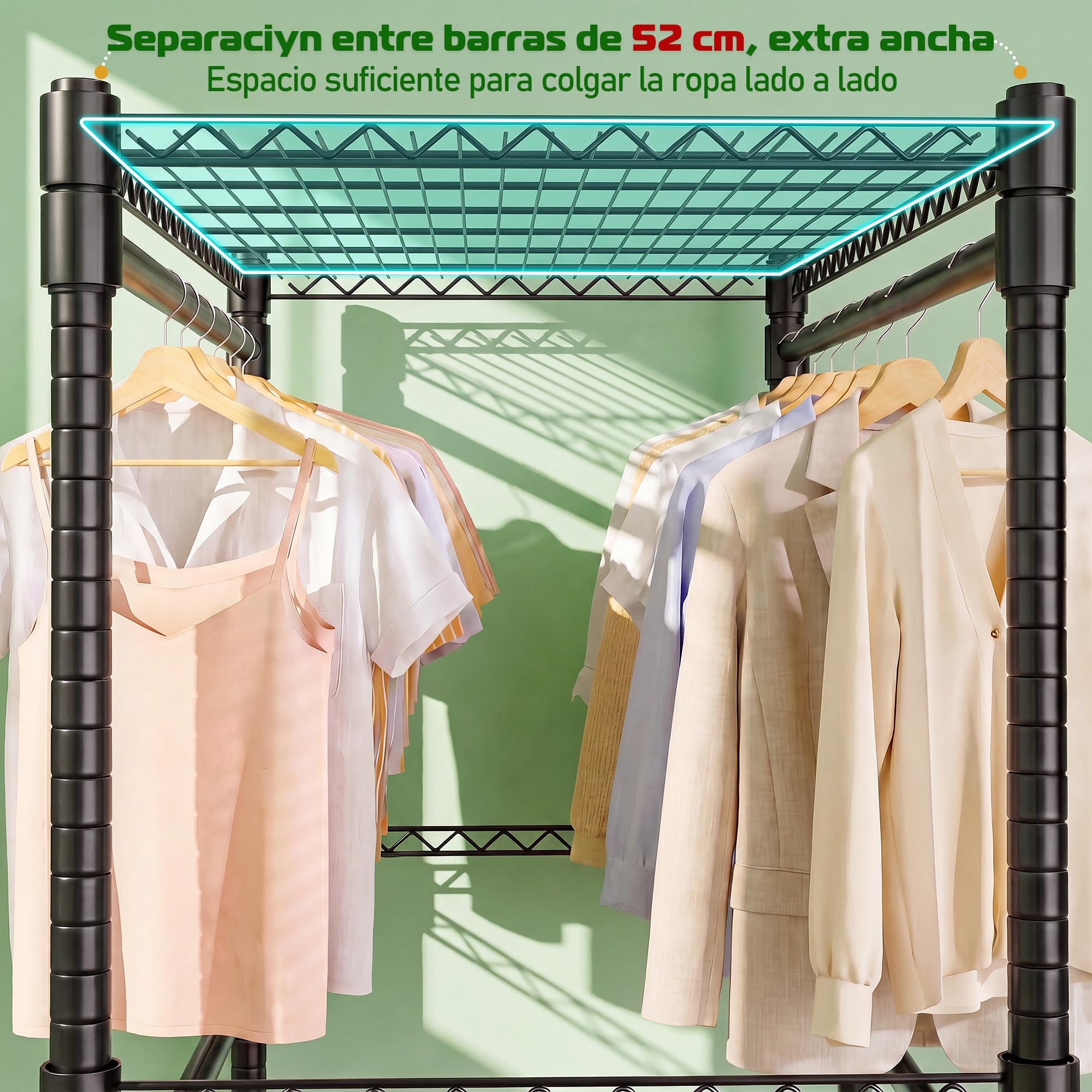 Himimi Burro Perchero de Ropa Resistente con Ruedas, Perchero Doble Altura con 4 Barras y Estantes Ajustables, Perchero Abierto para Dormitorio, Vestidor, Lavandería y Balcón, 114 x 52 x 203 cm, Negro