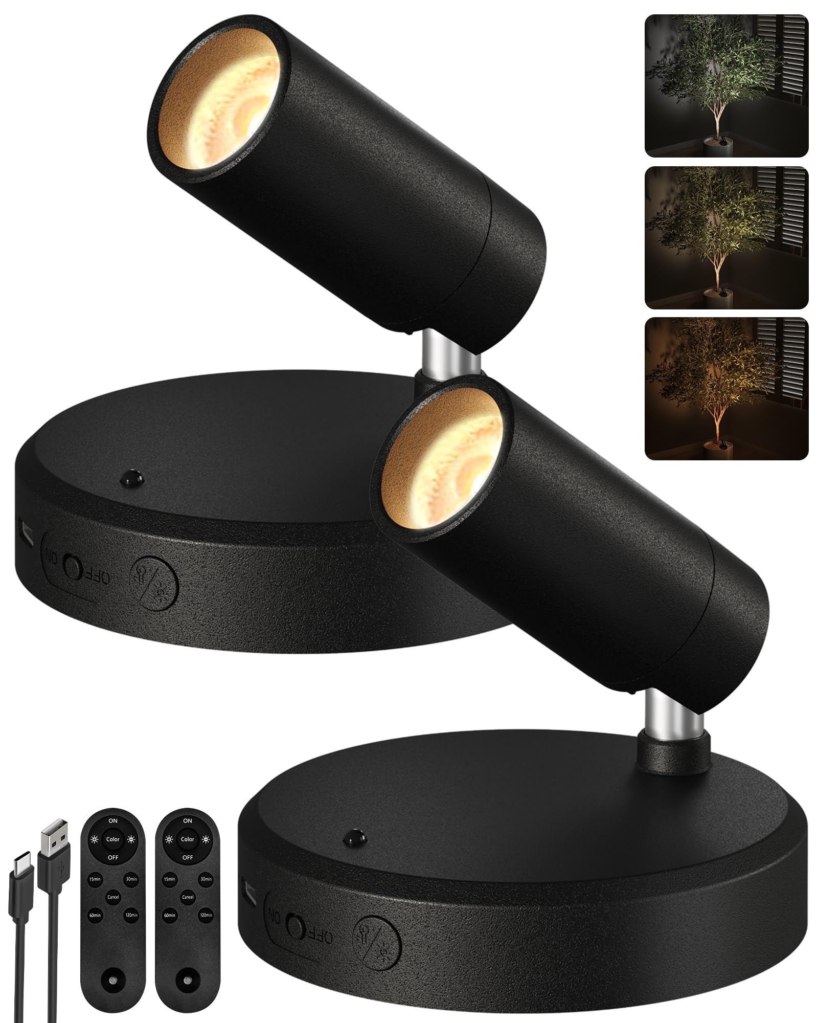 EZVALO Kabellose Spotlight 5500mAh, 3 Farben Dimmbar Wandspot mit Fernbedienung & Timer-Funktion, 350° Drehbare Aufladbare Wandlampe für Bilderbeleuchtung, Pflanzenbeleuchtung (Schwarz, 2 Stück)