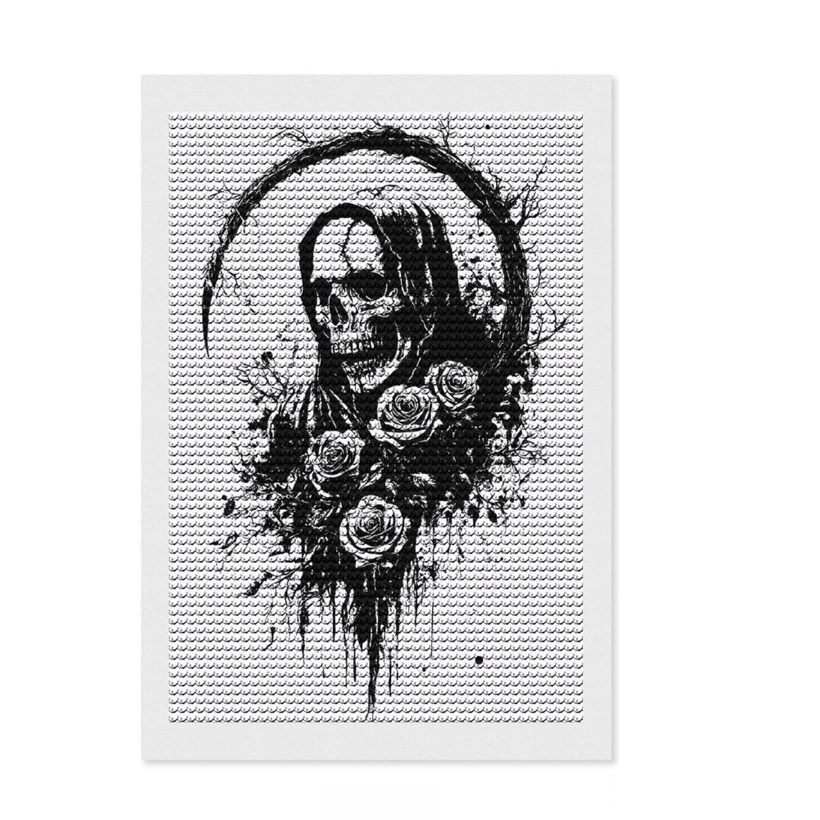Junmoney Grim Reaper with Roses Black and White Round Drill Diamond Painting 8"x12", for Women, Farmhouse Decor, Good for Quiet Evenings, Birthday Gift