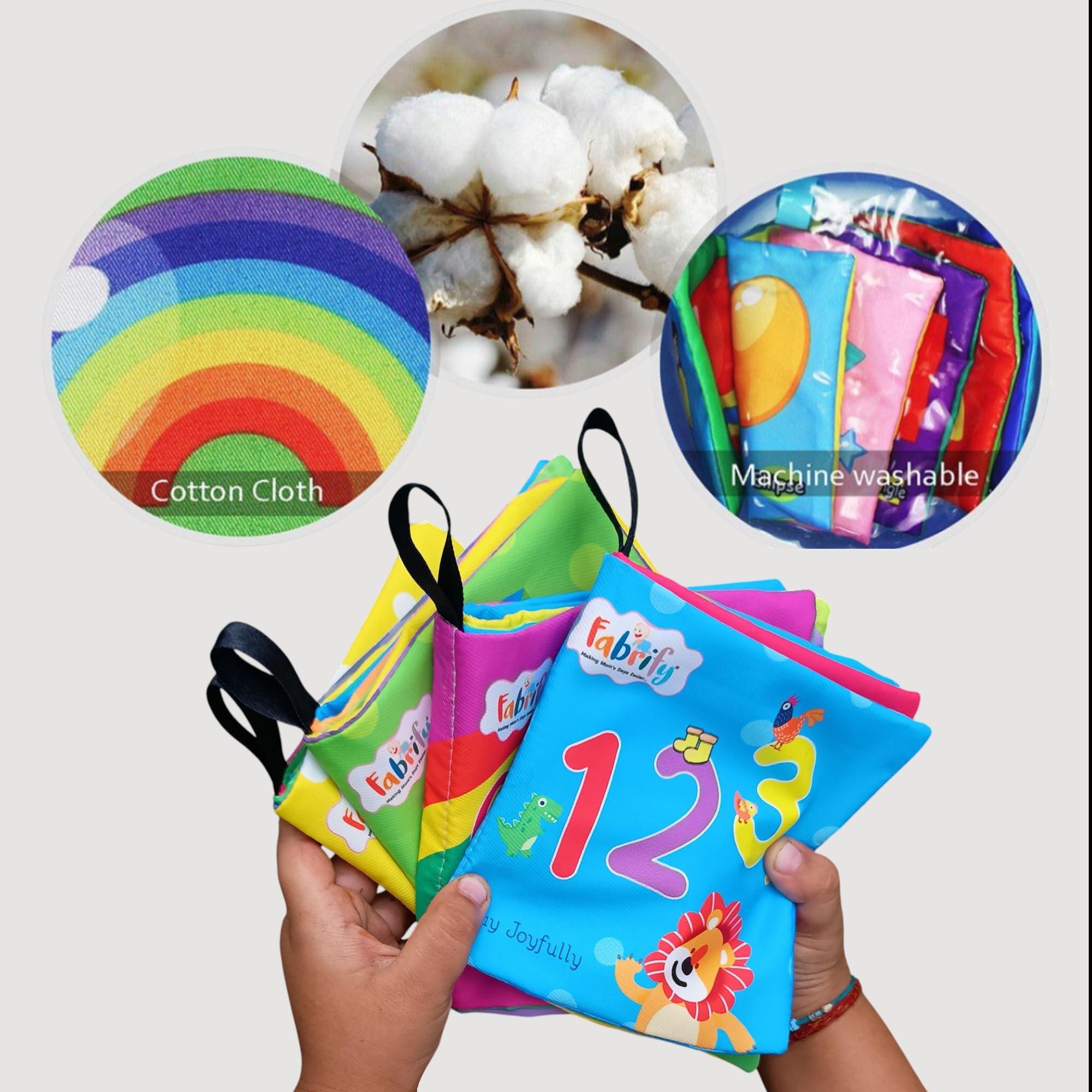 Fabrify 4-Book Set Comes with a Plastic Ring β Soft Sensory Cloth Books for Babies, Crinkle Sound & Washable, Early Learning Themes Alphabet,Shape,Color, Fruits,Numbers,Non-Toxic & Educator 4