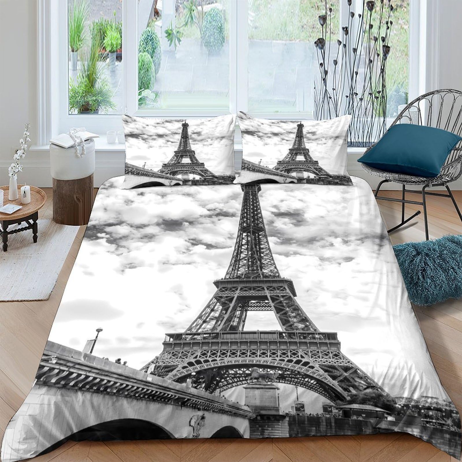 Ctjqhvkz Style-5 3D Printed Eiffel Tower Fitted Sheet Microfiber Black White Paris Bed Cover For Bedroom Guest Room Decor Single（135X200cm）