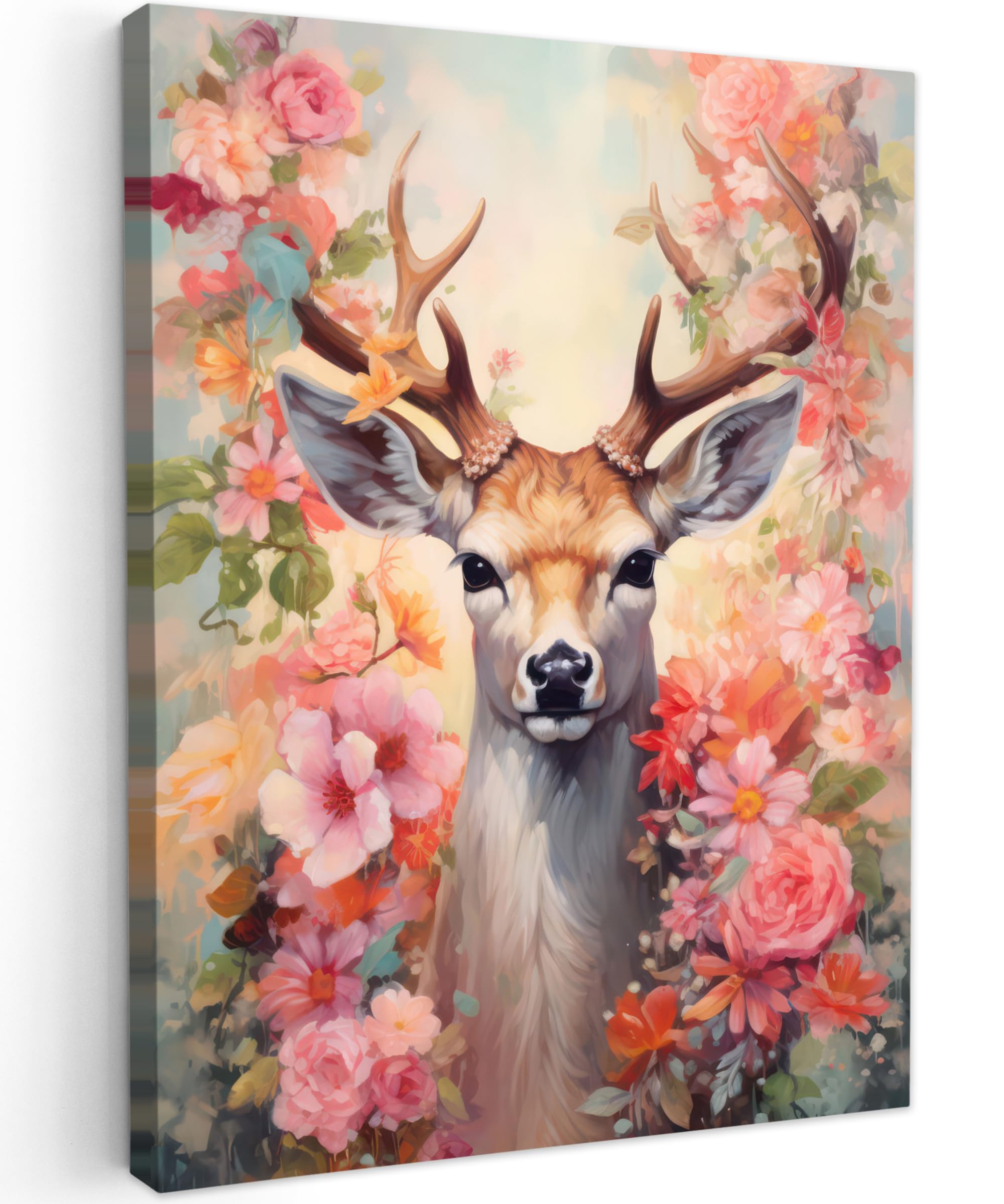 MuchoWow© Cuadros Salon Modernos 30x40 cm Adornos Pared Decorativos Dormitorio Lienzo Pinturas Quadro Decoración Ciervo - Flores - Animales del bosque - Rosa