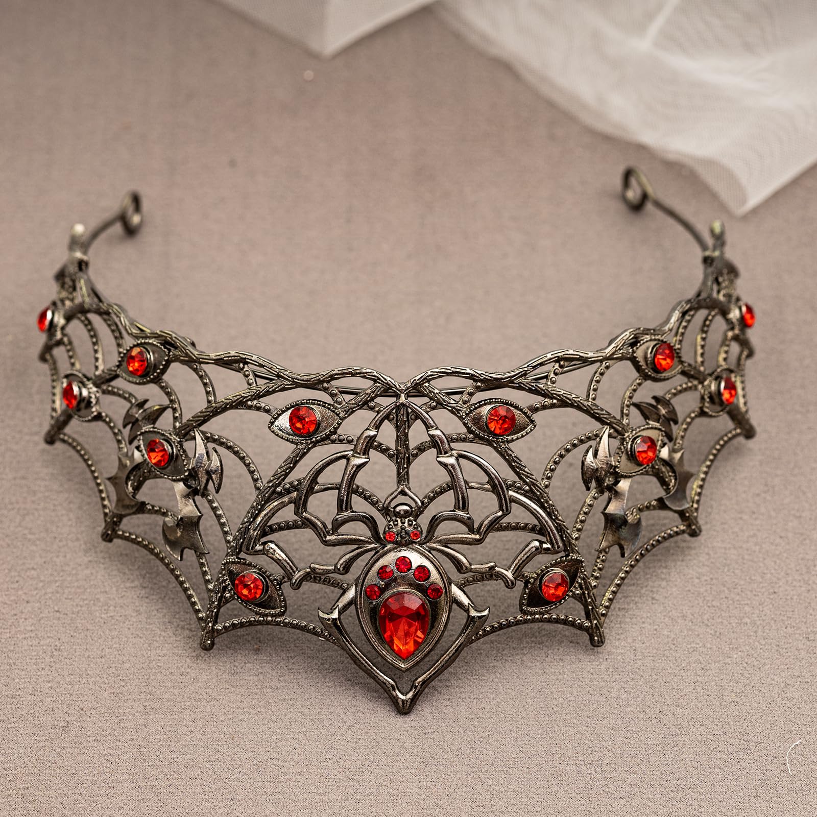 Gothic Black Spider Web Crystal Tiara Crown for Women Girls, Dark Queen Halloween Cosplay Headpiece, Vintage Rhinestone Headband for Masquerade Party Wedding Prom Stage Accessories: Black Red Diamond
