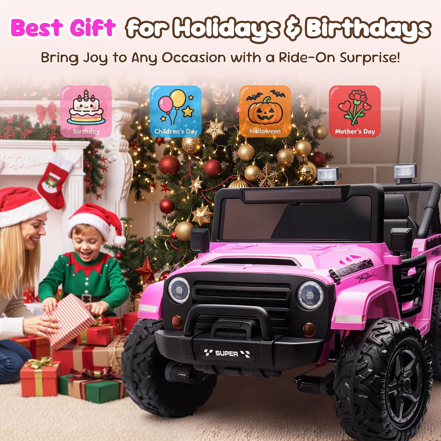 2 Seater Ride on Toy Car for Kids, 24V 4x4 Ride-on Truck Kids Electric Car w/Remote Control, 4x100W Motors - 132 lbs Load Capacity, Hot Pink