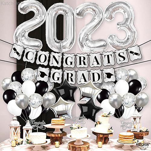 Miniatura 7 de KatchOn, Decoraciones de fiesta de graduación plateadas 2023 – Gaint de 40 pulgadas, paquete de 43 | Cartel de graduación de felicitaciones en