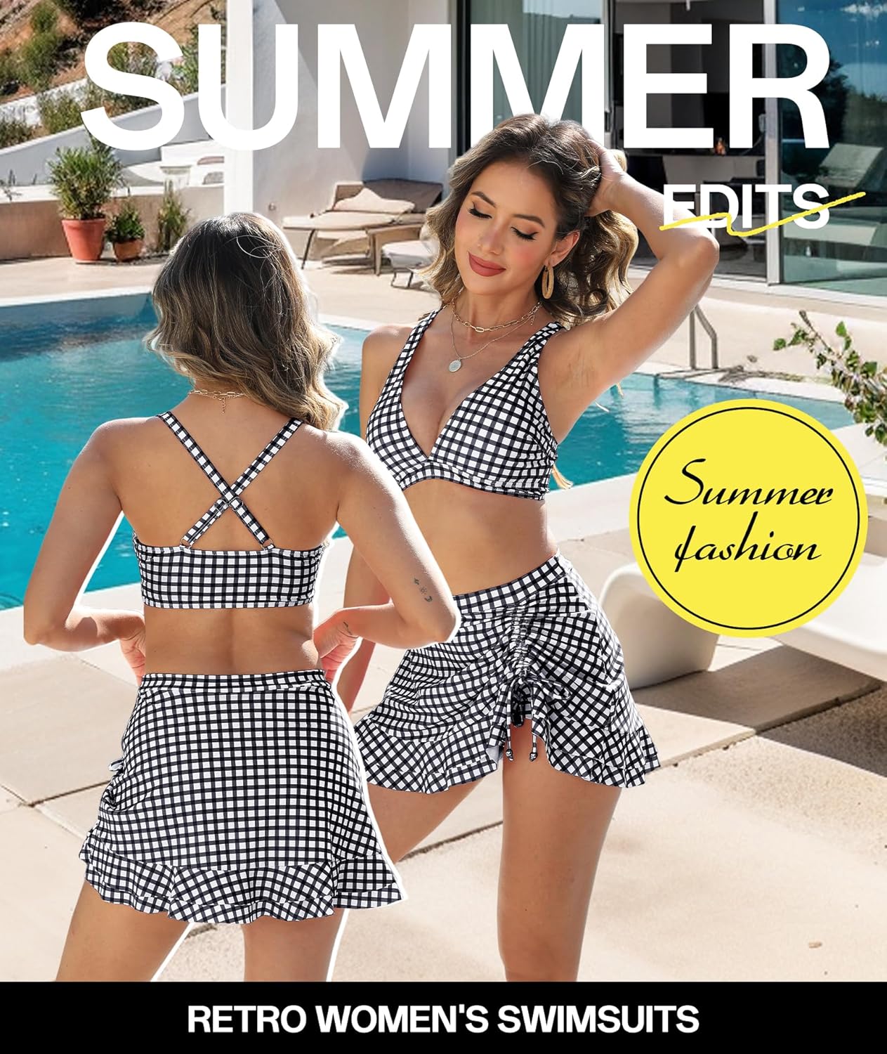 Urchics High Waisted Bikini Sets for Women Gingham Push Up Two Piece Swim Skirt Set Tummy Control Bathing Suit 2026 Swimsuit