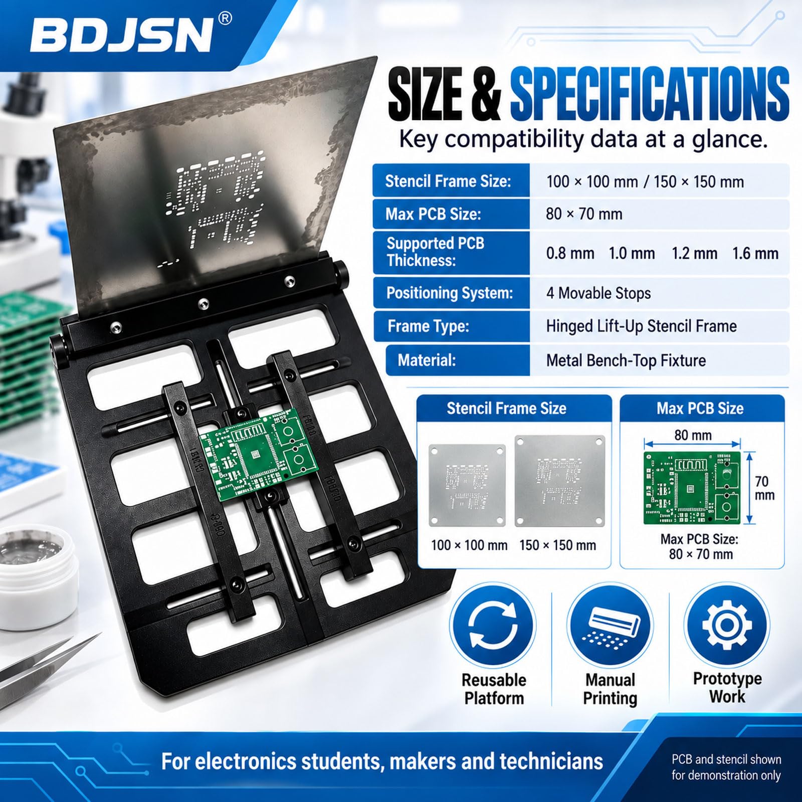 Drukarka ręczna do szablonów PCB, regulowany stojak na pastę lutowniczą Smt z podnoszoną ramą i 4 zatrzaskami, do PCB 80 x 70 mm i szablonów 100 x 100 / 150 x 150 mm 100 x 100 mm