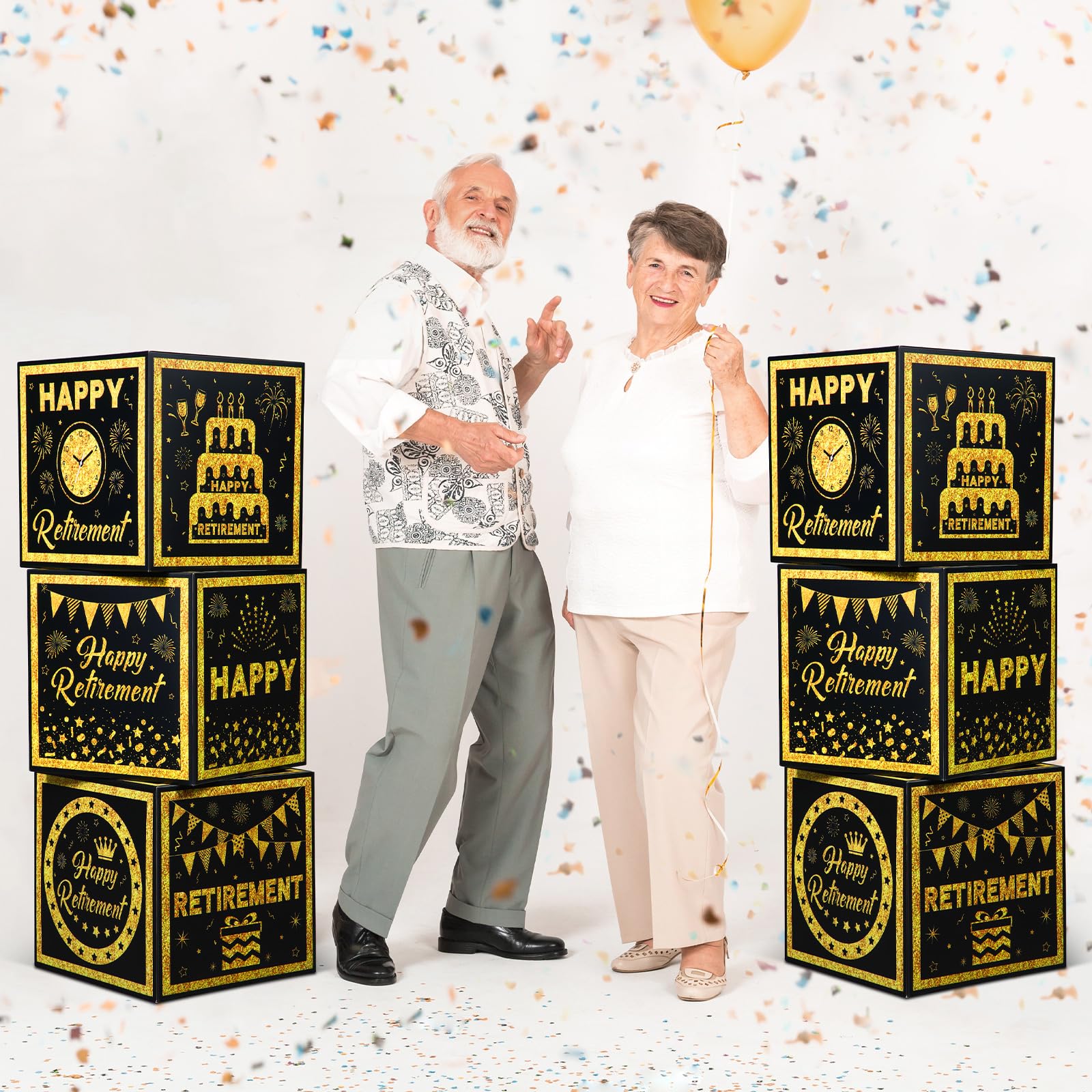Affrolling 6 Pcs Retirement Party Decorations Boxes for Men Women Black Gold Happy Balloon Boxes Supplies Going Away Happy Decorations for Retirement