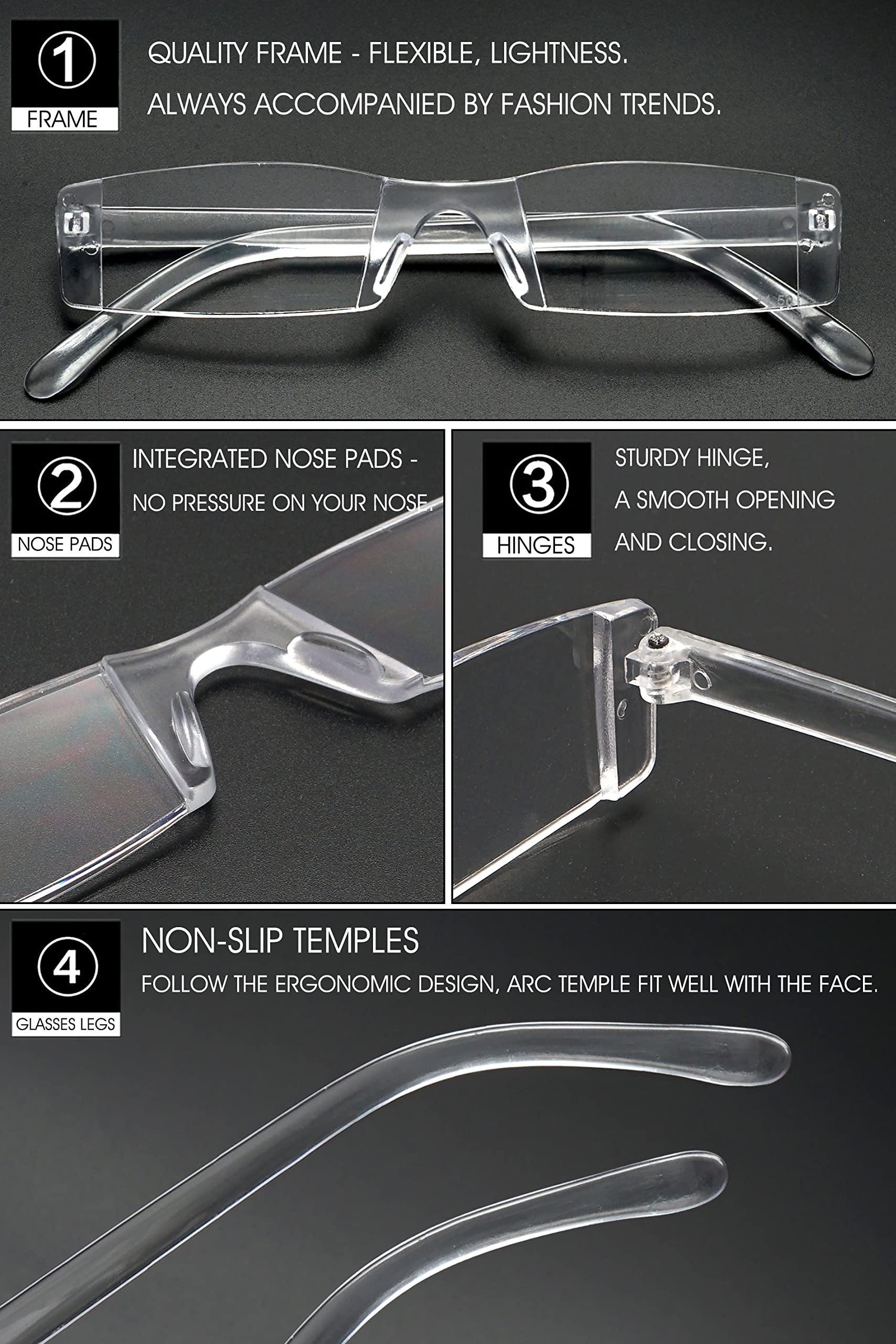 VEVESMUNDO Transparentes Gafas de Lectura Hombre Mujer Sin Montura Vista Calidad Ligero Leer Graduadas Trabajo Presbicia Gafas 1.0 1.5 2.0 2.5 3.0 3.5 4.0