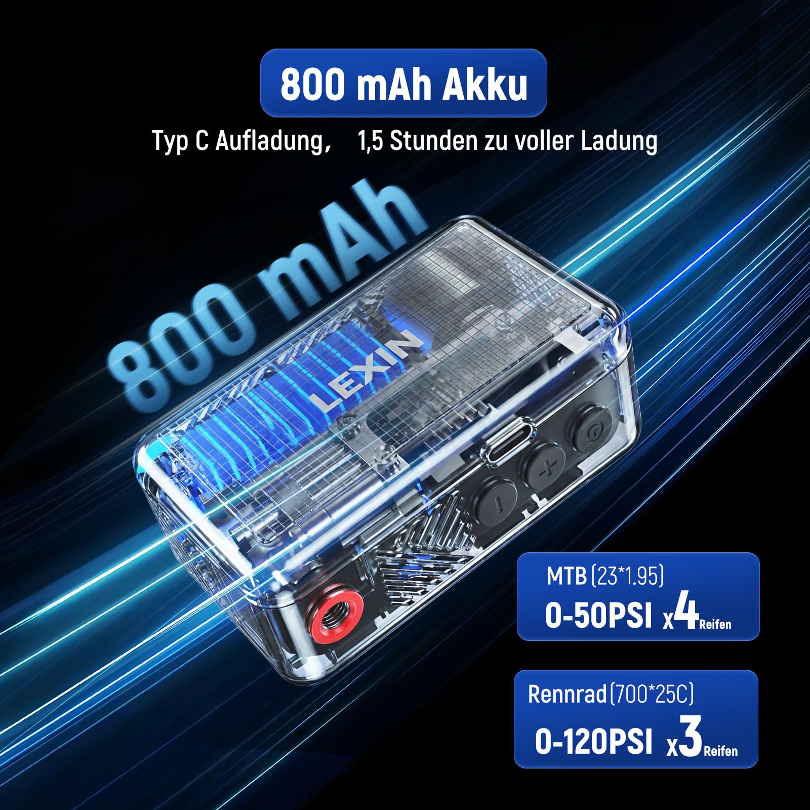 LEXIN P2 Elektrische Lufhtpumpe,130PSI Tragbare kabellose Tiny Fahrradpumpe