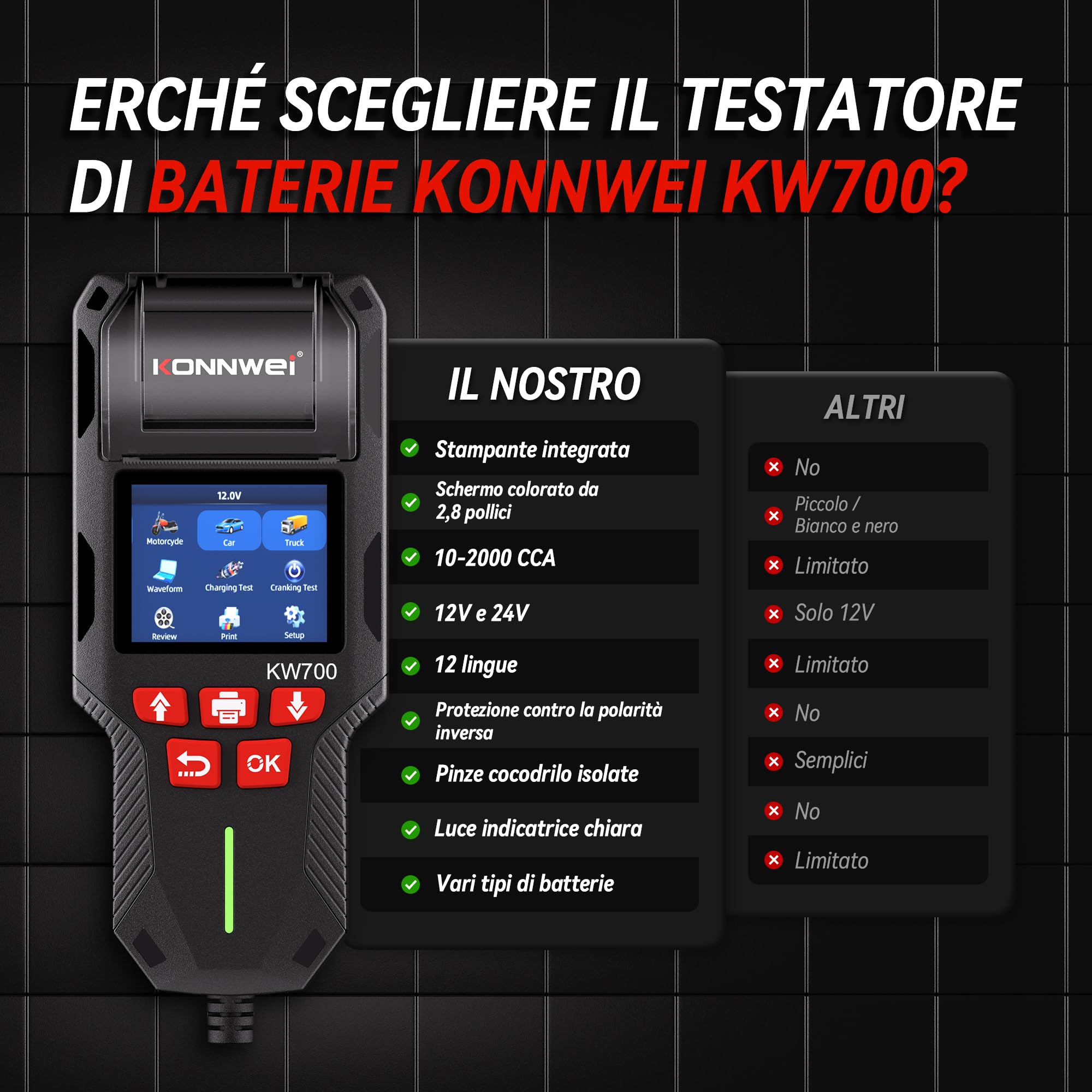 KONNWEI Tester Per Batteria Auto Con Stampante, 12v/24v, Tester Di Carico Della Batteria Automobilistica 10-2000 Cca, Test Di Avviamento E Ricarica, Tester Alternatore Per Auto, Camion(Carta Inclusa)