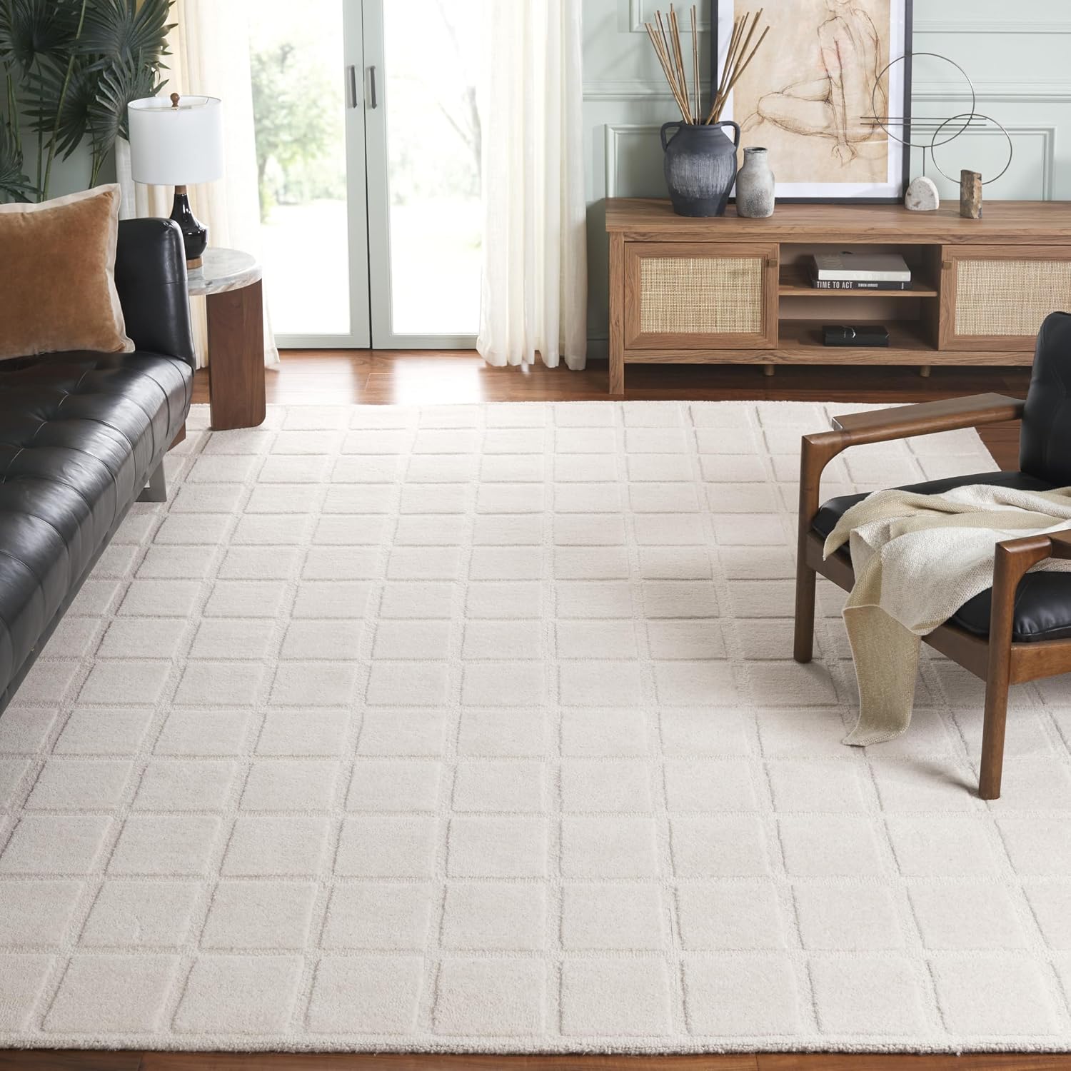 SAFAVIEH Mykonos Collection Area Rug - 8' x 10', Ivory, Handmade Wool, Geometric Pattern, Ideal for Living Room, Dining Space, Bedroom (MKN301A-8)