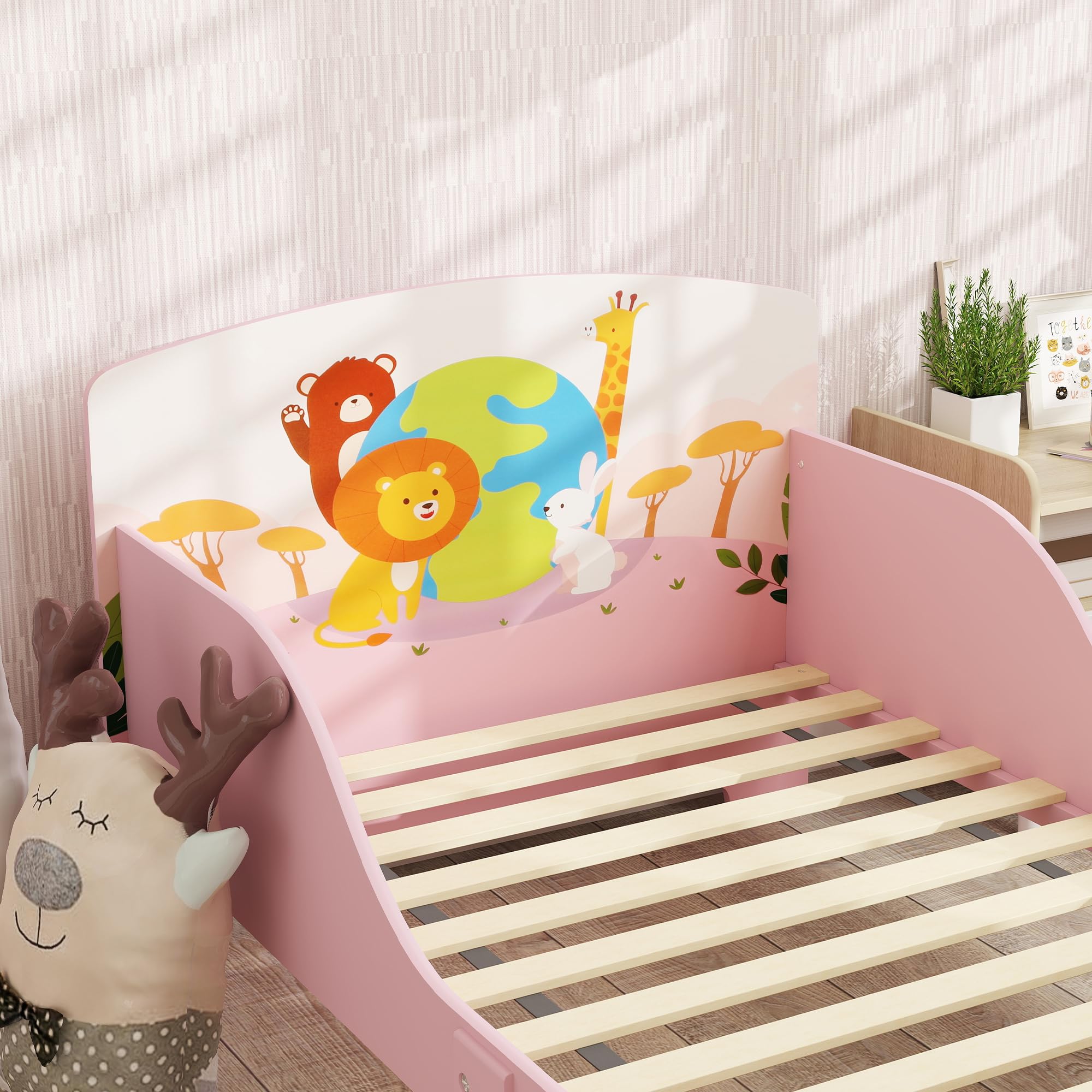 AIYAPLAY Lettino per Bambini 3+ Anni con Bordi Rialzati e Sponde di Sicurezza, Letto Bambini in Legno, 143x77x60 cm, Rosa