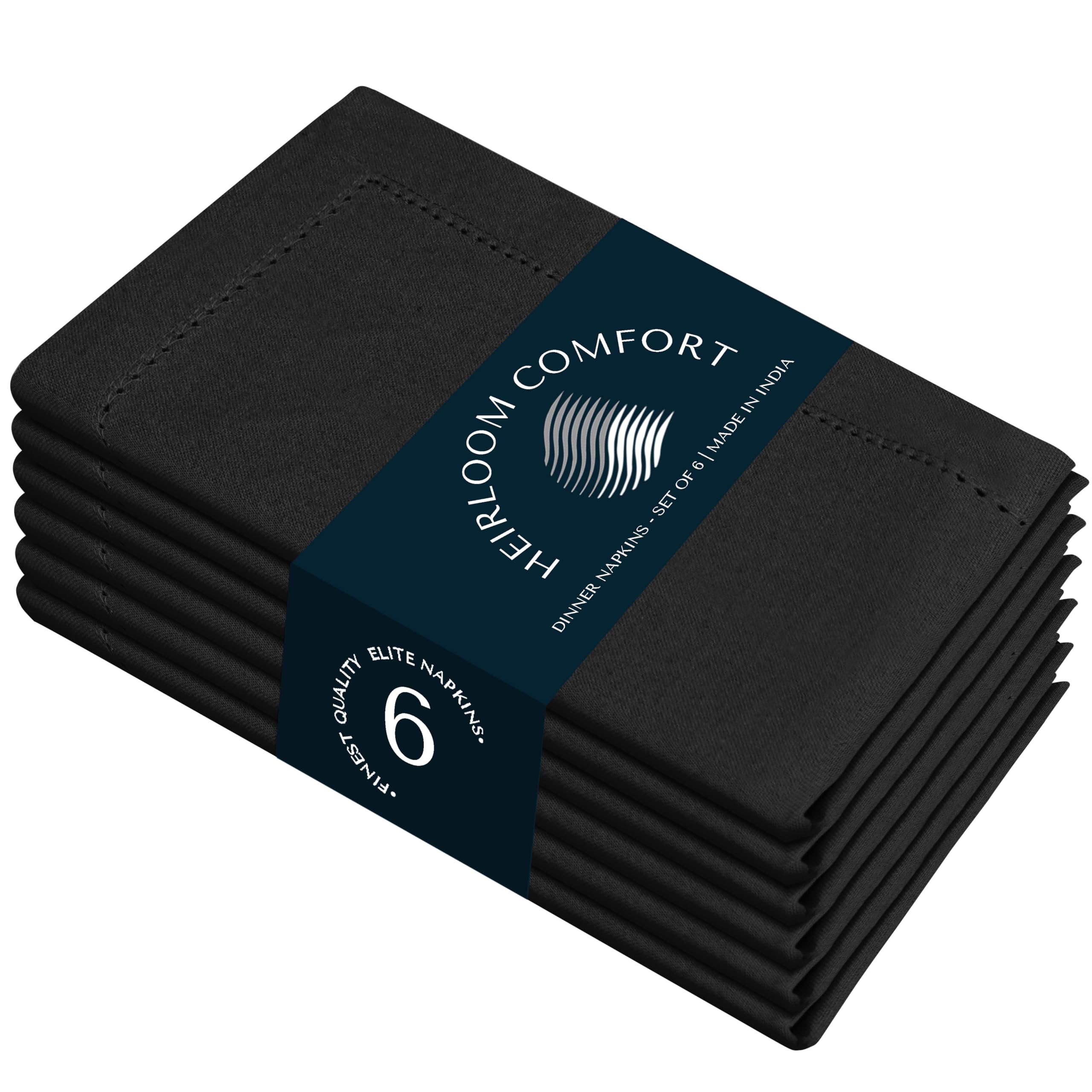 HEIRLOOM COMFORT Black Cloth Napkins Set of 6, 18 x 18 Inch - 100% Cotton, Soft, Durable, Absorbent, Reusable, Washable - Hemstitch Mitered Edges - Ideal for Dinner, Weddings, Formal Events, Everyday