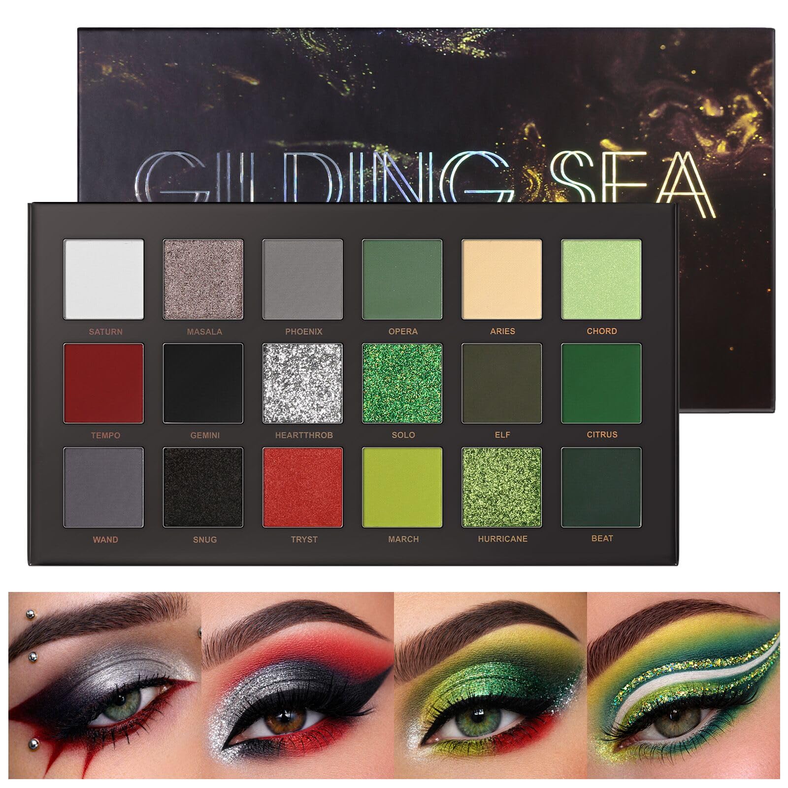 UCANBE 18 Color Eyeshadow Palette, Matte Shimmer Metallic Glitter Eye Shadow Palette, Pigmented Smoky Green Red Black Silver Makeup Palette for Christmas Halloween Makeup Gilding Sea Palette