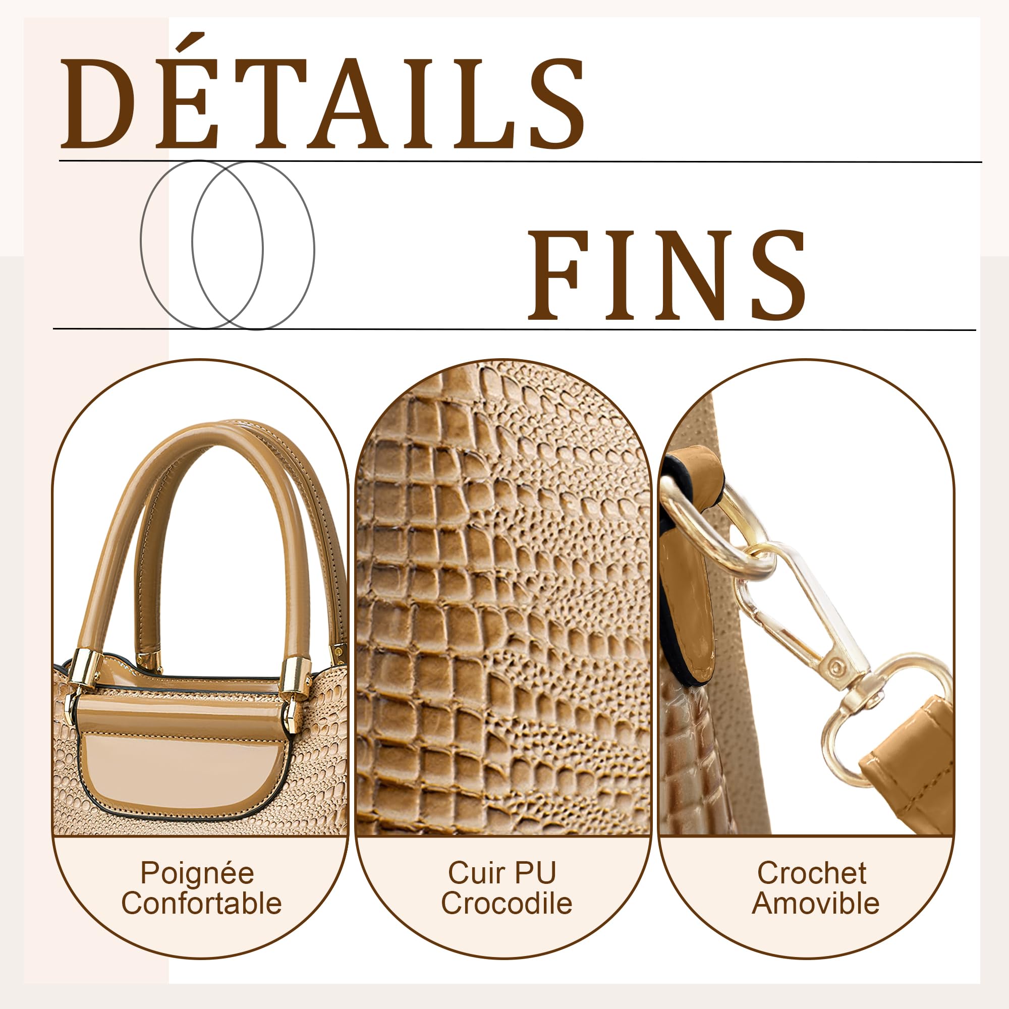 Sac à Main Femme Mode Motif Crocodile Petit Sac Fourre Tout Elégant Sac Cabas Cuir PU Sac à Bandoulière Sac de Cours Dames pour Travail Voyage Achats Fête Kaki