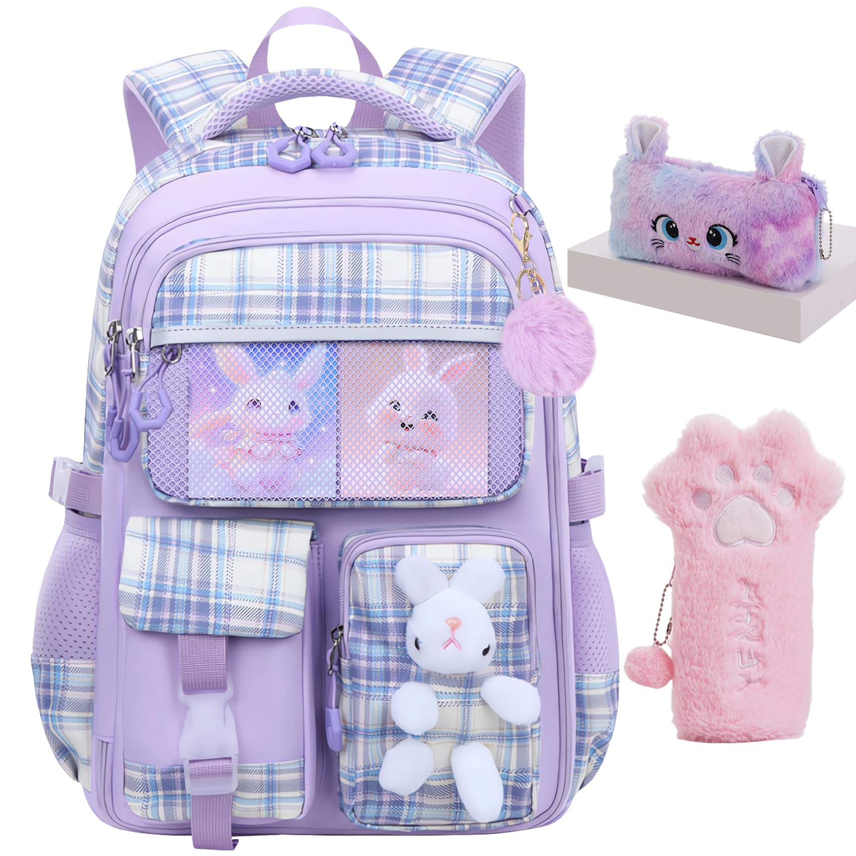 A light purple plaid backpack with bunny designs, a fluffy pom-pom, and a plush bunny keychain—one of the best backpacks for elementary school—appears alongside a purple furry animal pencil case and a pink fluffy paw-shaped pencil holder.