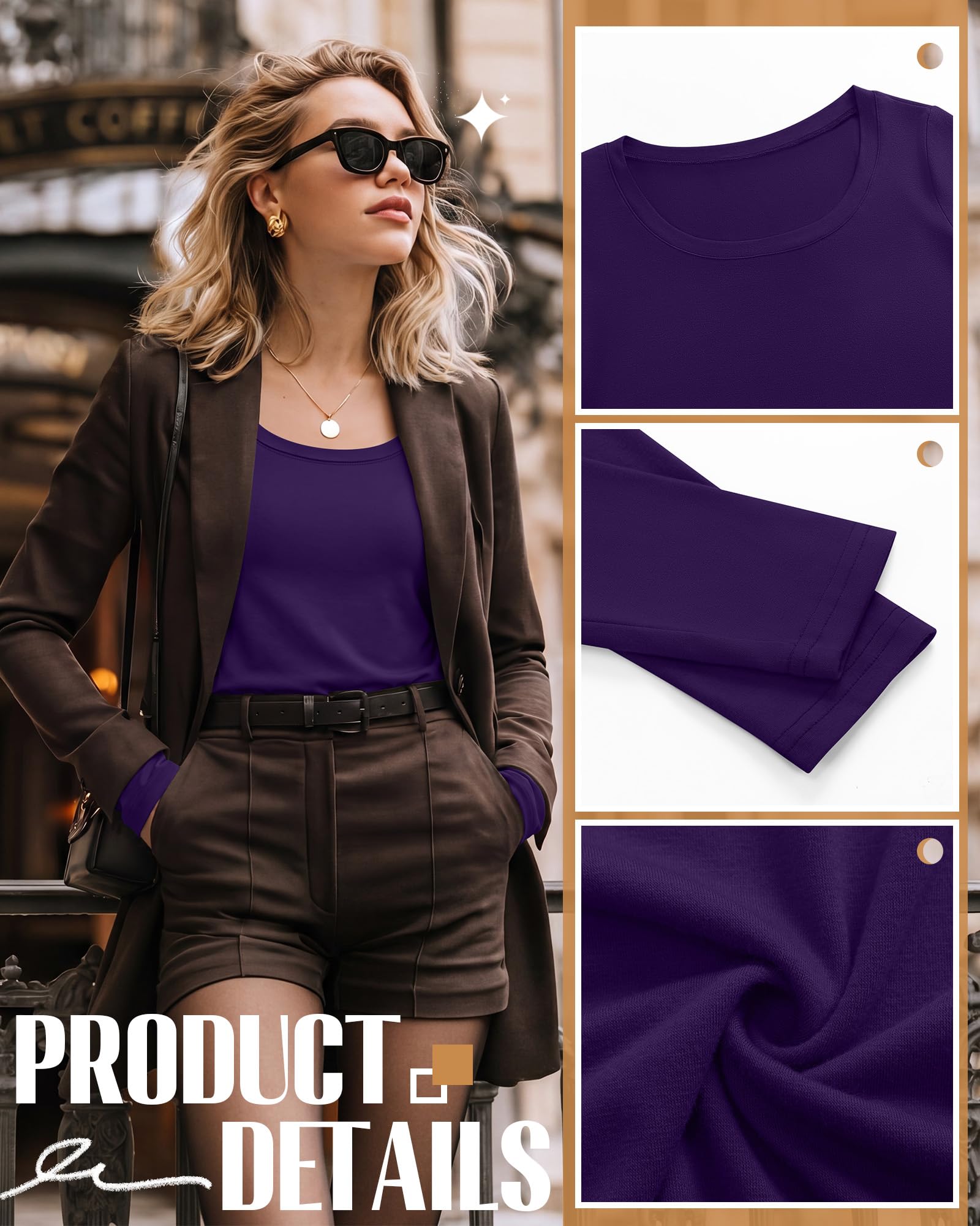 Neer Lot de 3 hauts à manches longues et col rond pour femme, coupe ample, décontracté, pour l'automne