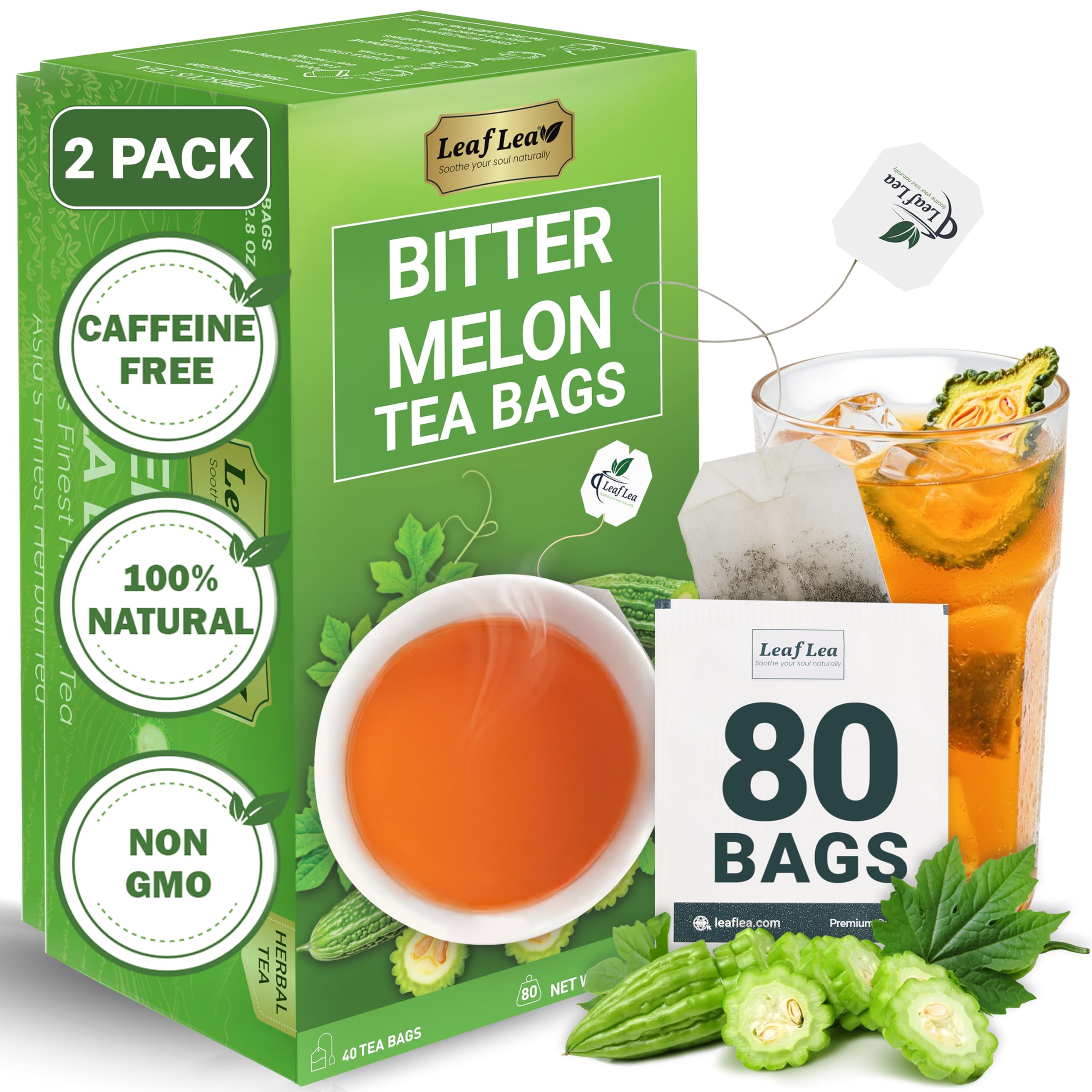 LeafLea Bitter Melon Tea Bags, Ampalaya Bitter Gourd Tea, 80 Count Bitter Melon Tea 40 Count (Pack of 2)