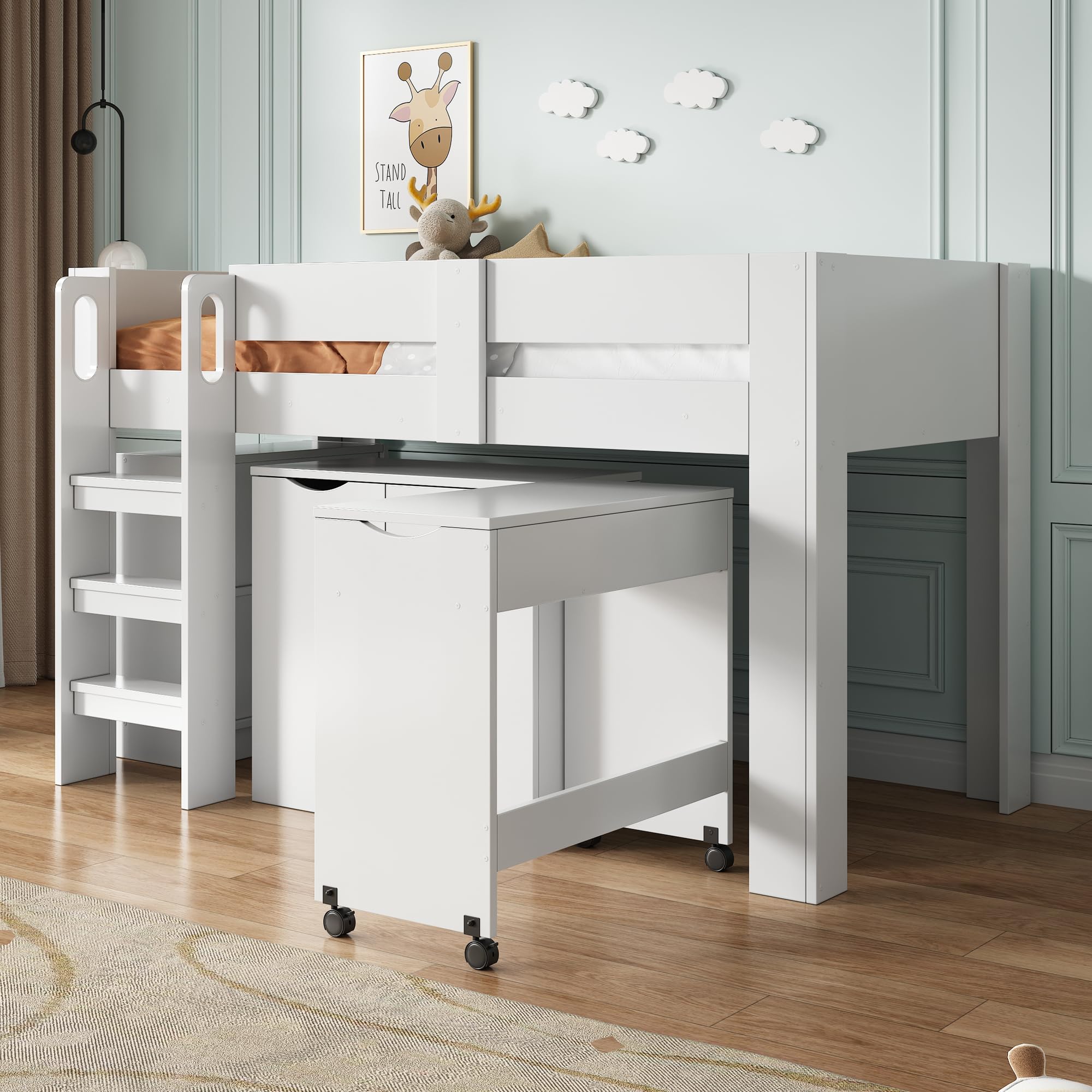 Etagenbett Kinderhochbett, multifunktionales Kinderbett, mit Leiter, mit Teleskopschreibtisch, mit herausnehmbarem Schrank, mit Schublade, 90 * 200 cm