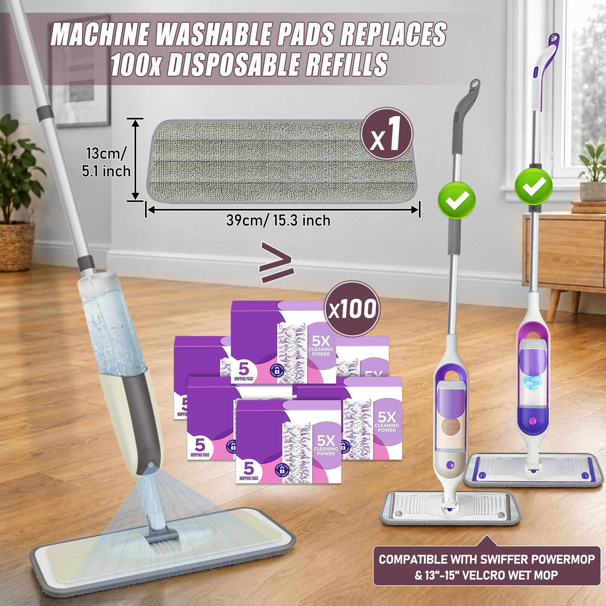 MEXERRIS - Mopas pulverizadoras para Limpiar Suelos, con 3 Almohadillas Reutilizables y Lavables, 1 Botella Recargable, mopa Seca al Polvo para Madera Dura, mármol, Azulejos, Suelos de cerámica