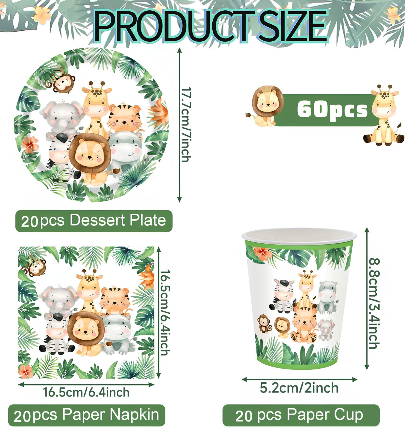 61 Pezzi Stoviglie Party Tema Giungla - Piatti, Bicchieri, Tovaglioli E Tovaglia - Foto 3